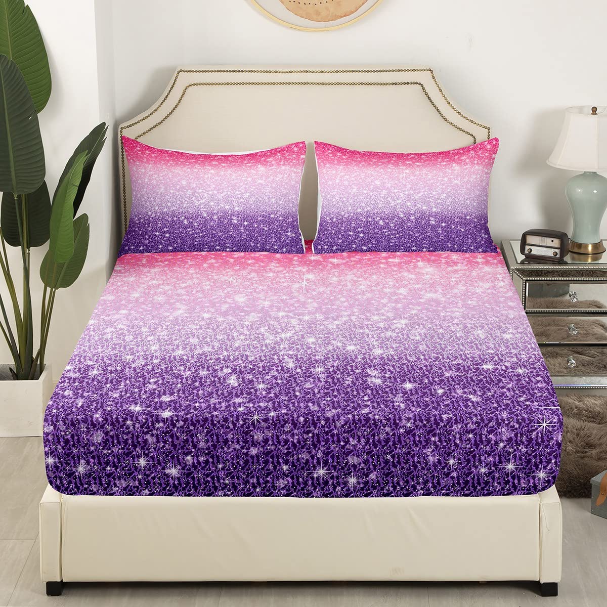Erosebridal Galaxy Fitted Sheet Set - Twin Size Pink Purple Glitter Gradient Ombre Bedding with Starry Sky Sparkle Design (Includes 1 Pillowcase) | Perfect for Kids, Girls & Women's Bedroom Decor | Ideal for Themed Rooms, Sleepovers & Cozy Nights