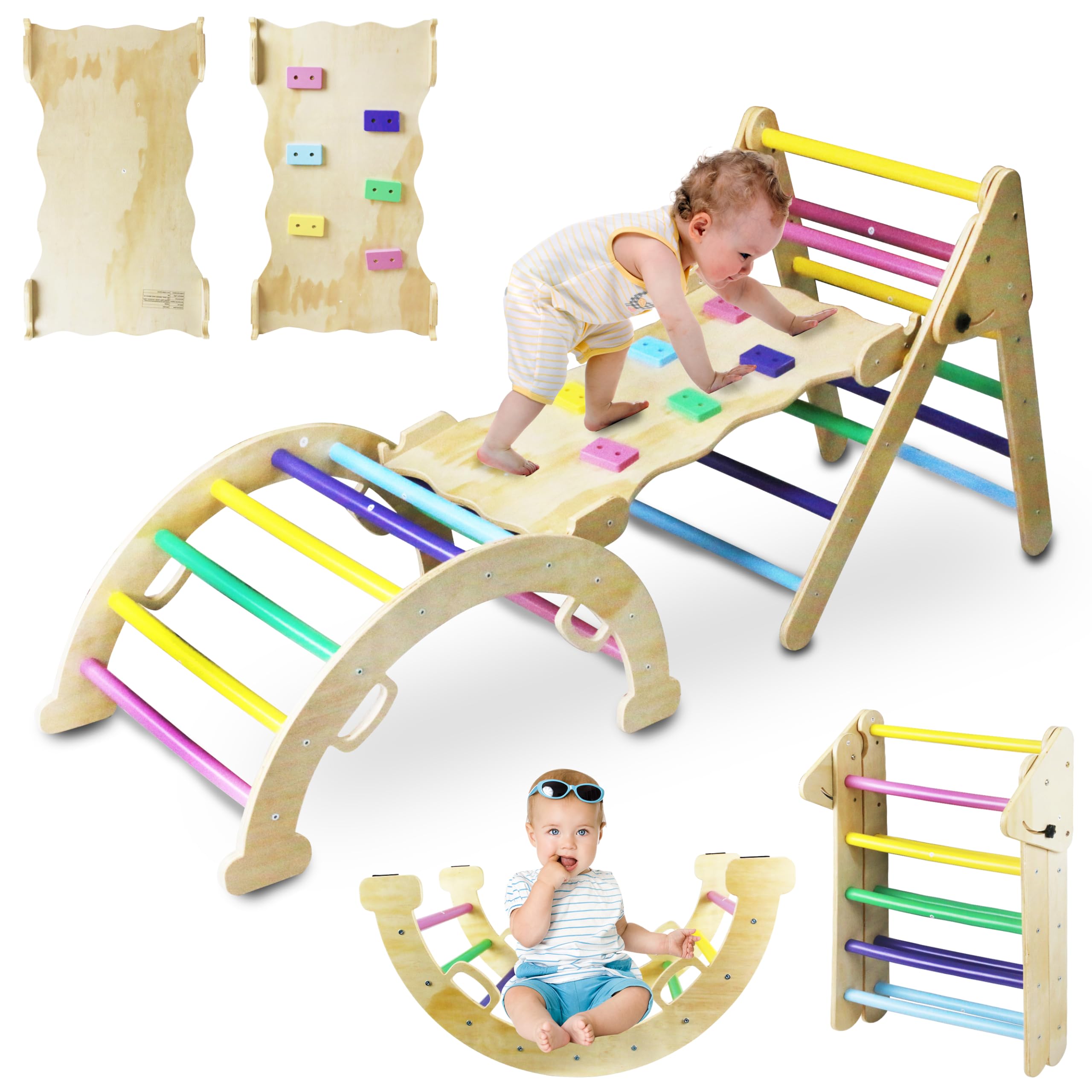 5-in-1 Foldable Wooden Climbing Gym Set for Toddlers - Arch, Ramp & Ladder Playground Equipment for Indoor & Outdoor Use - Perfect for Home Playrooms, Daycares and Backyard Adventures