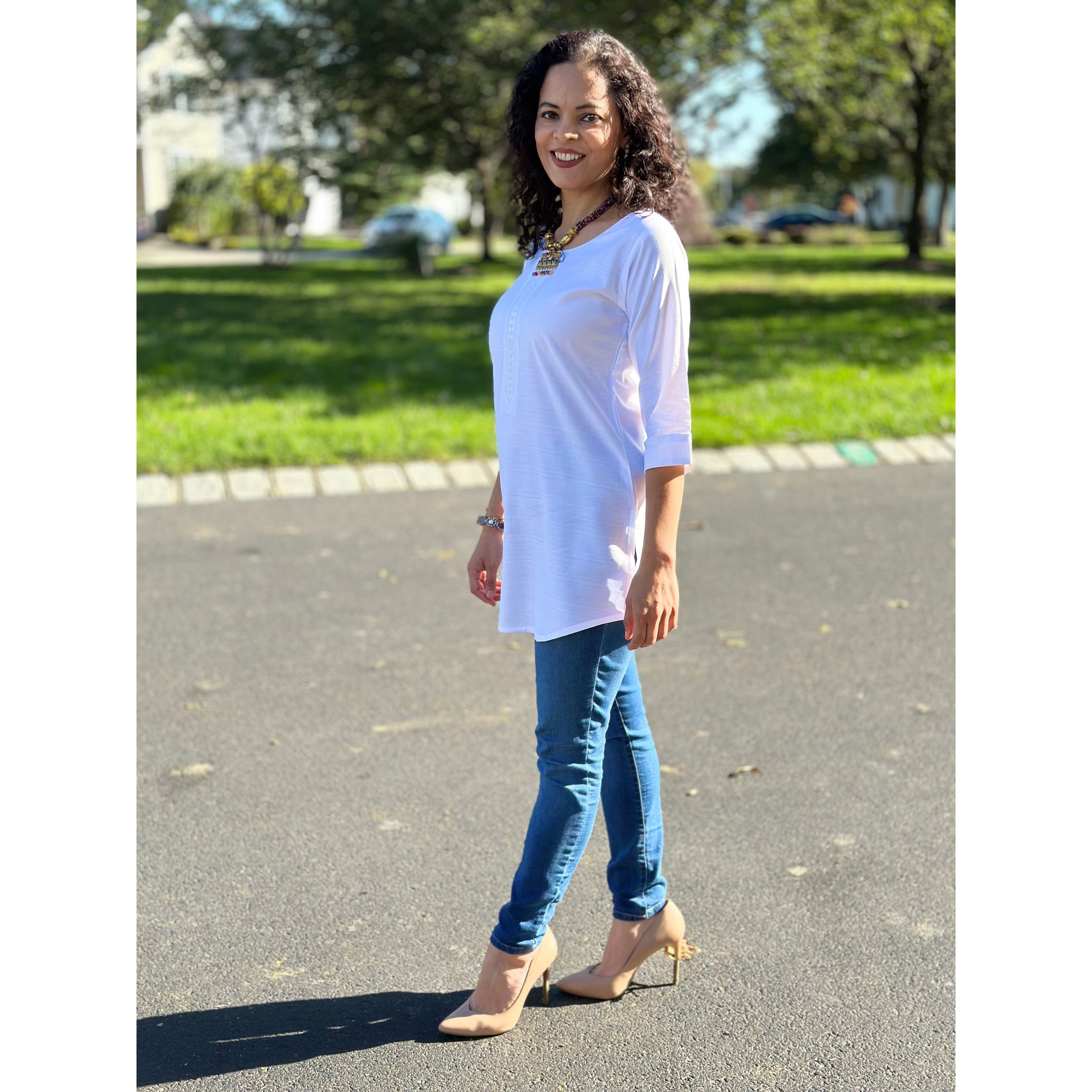 Elegant White Short Kurta for Women - Comfortable Cotton Summer Tunic Top - Perfect for Casual Wear, Festivals & Boho Outfits