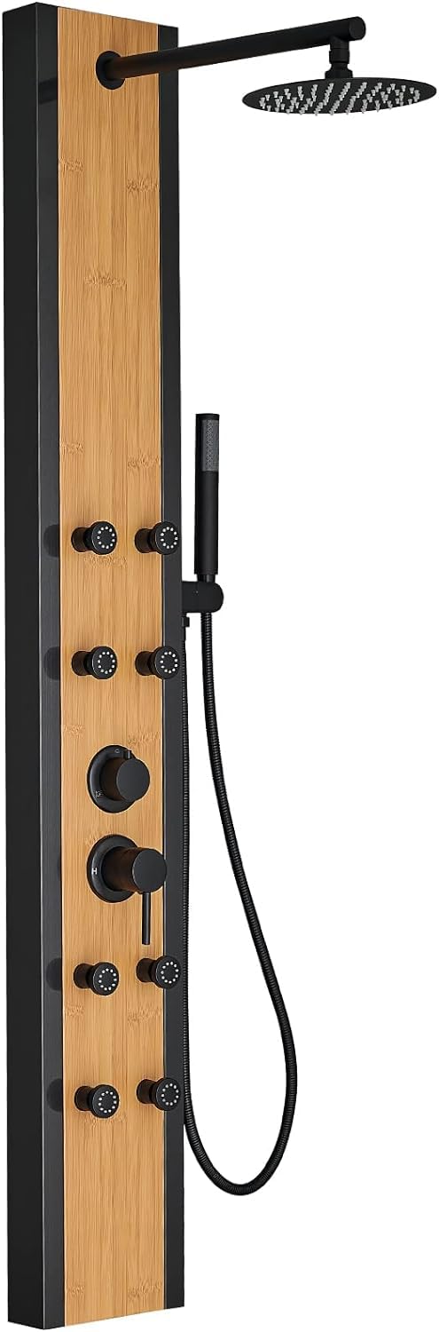 Bamboo & Stainless Steel Rainfall Shower Panel System with 8 Body Jets, Adjustable Round Shower Head & Handheld Wand - Luxury Spa Experience for Modern Bathrooms