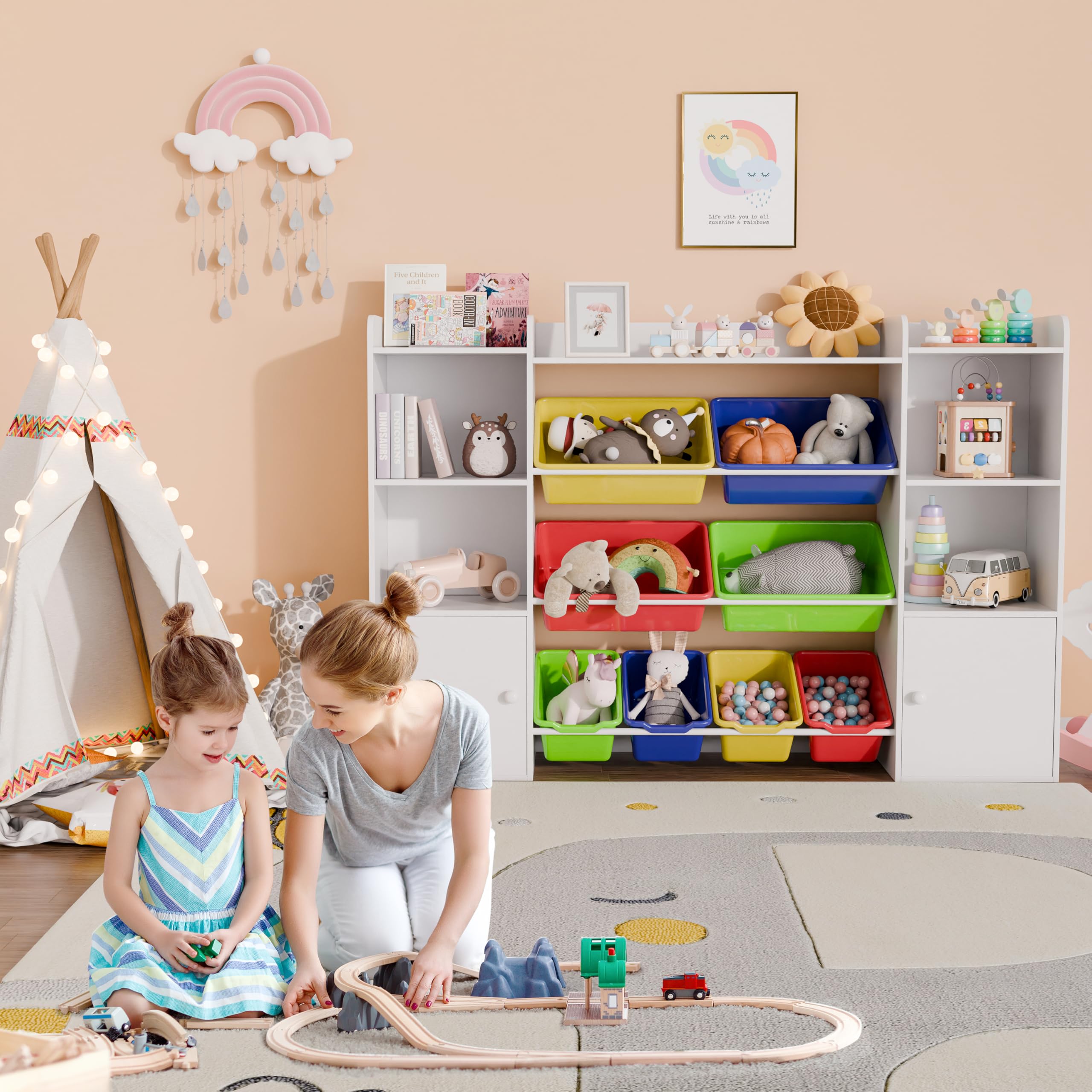 Xilingol 8-Bin Kids Toy Storage Organizer with Removable Bins, 4-Tier Bookshelf & 6-Cubby Toy Organizer for Playroom, Bedroom, Classroom - Perfect for Organizing Toys, Books & Games in Kids Rooms & Daycare Centers