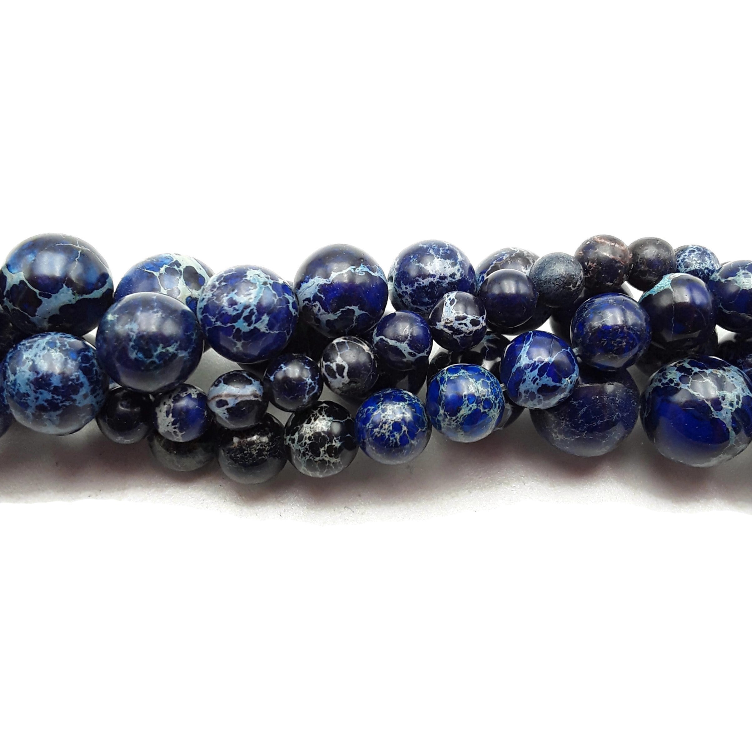 Dark Blue Sea Sediment Jasper Smooth Round Beads - 4mm 6mm 8mm 10mm 12mm 15.5 Strand - Natural Stone Beads for Jewelry Making, DIY Crafts & Healing Crystal Bracelets