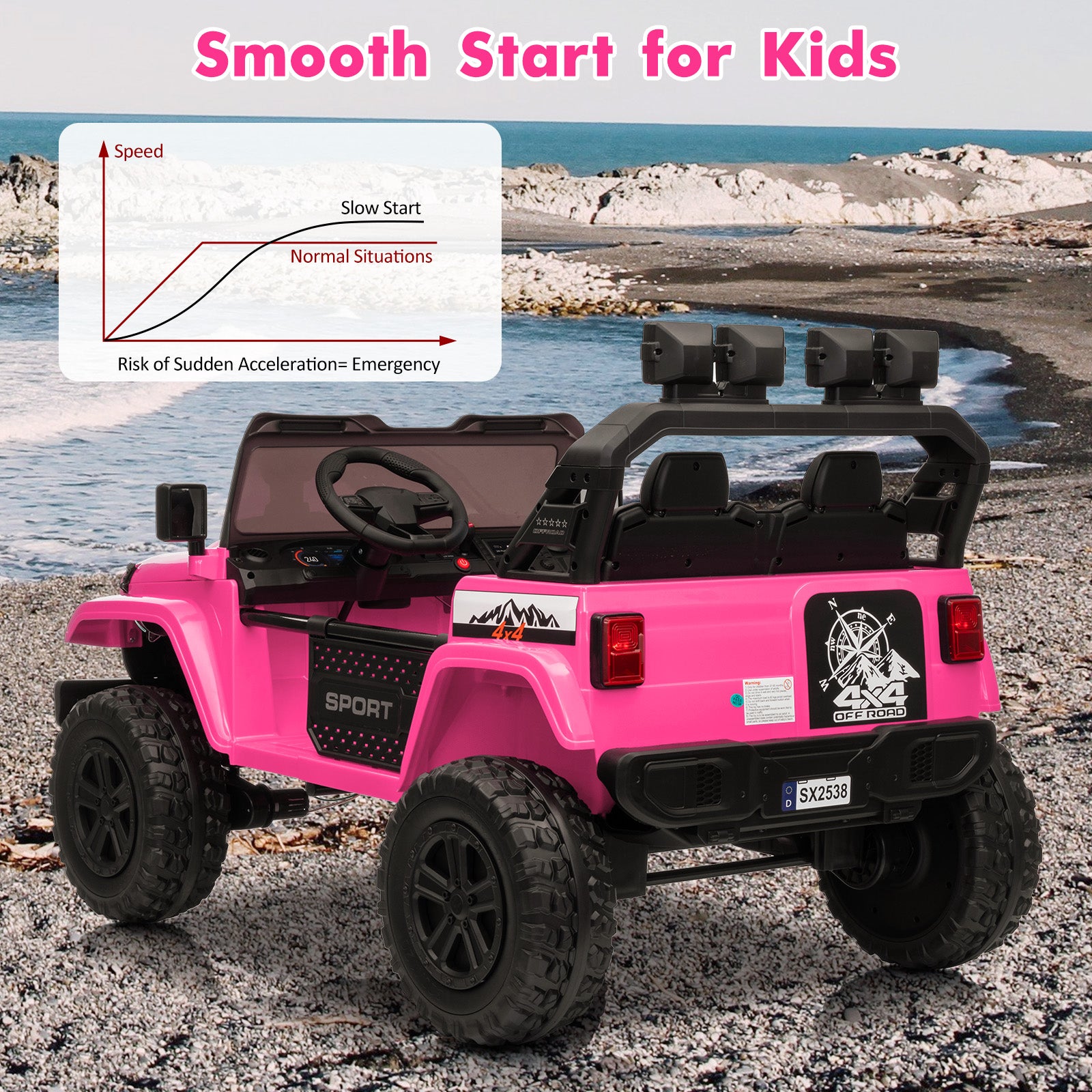 GARVEE 24V 4WD Kids Electric Ride On Car with Remote Control - 2 Seater Adjustable Footwell Truck, 3 Speed Modes, LED Lights & Bluetooth (Pink) | Perfect for Birthday Gifts, Outdoor Play & Family Fun