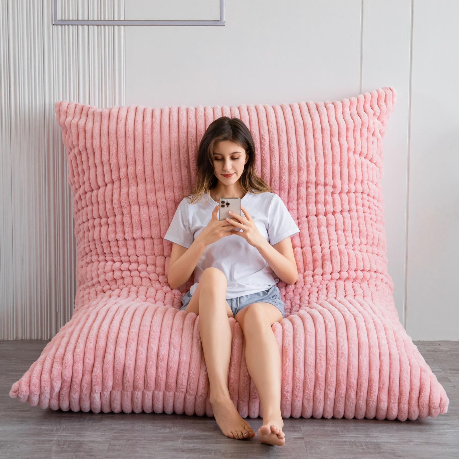 MAXYOYO 3-in-1 Convertible Bean Bag Chair - Soft Striped Faux Fur Large Floor Pillow for Kids & Adults - Pink - Perfect for Bedroom, Living Room & Dorm Room Relaxation