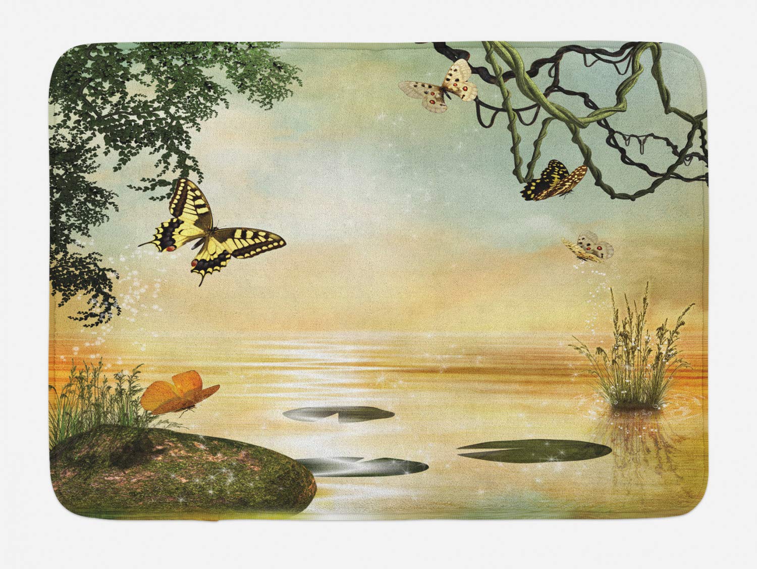 Ambesonne Non-Slip Butterfly Bath Mat - Monarch Moths on Abstract Digital Art Pond - Plush Bathroom Decor Rug, 30.2