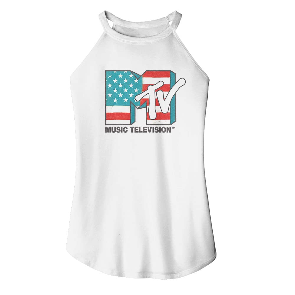 MTV US Flag Logo Women's White Rocker Tank Top - Vintage Graphic Tee for Concerts, Festivals & Casual Wear