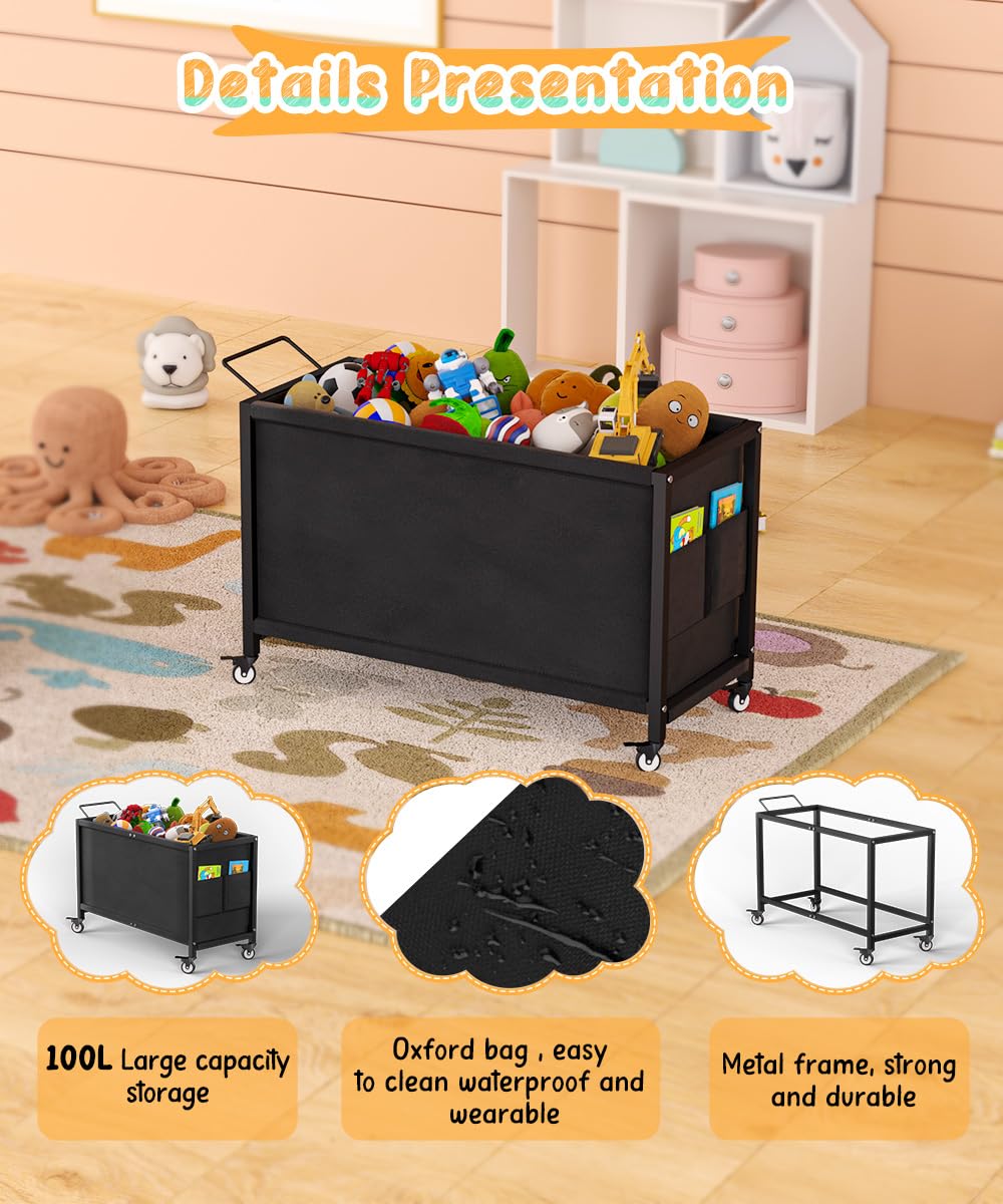 100L Large Kids Toy Storage Box with Wheels - Durable Toy Chest Organizer for Toddlers, Boys & Girls - Perfect for Stuffed Animals, Playroom, Bedroom, Nursery & Living Room - Black (Great for Home Organization & Child's Play Area)