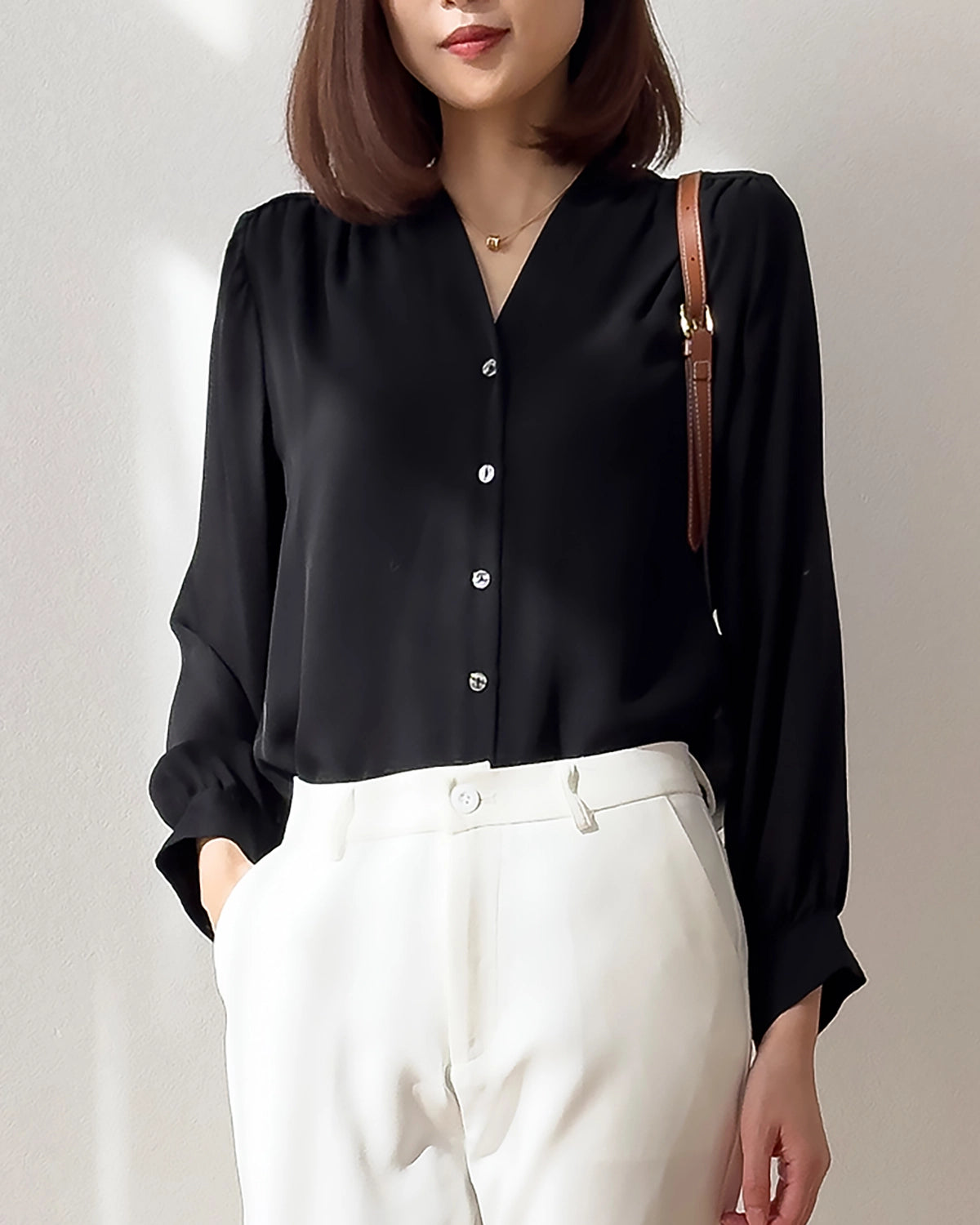 Elegant V-Neck Pleated Shoulder Silk Blouse for Women - Soft & Breathable Luxury Top for Office, Party & Special Occasions