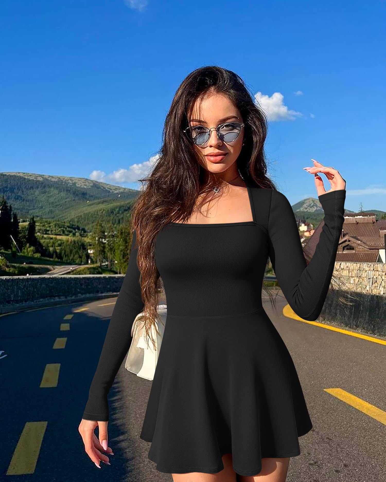 OQQ Women's Long Sleeve Square Neck A-Line Mini Dress - Casual Party Club Wear for Night Out, Date Night & Special Occasions