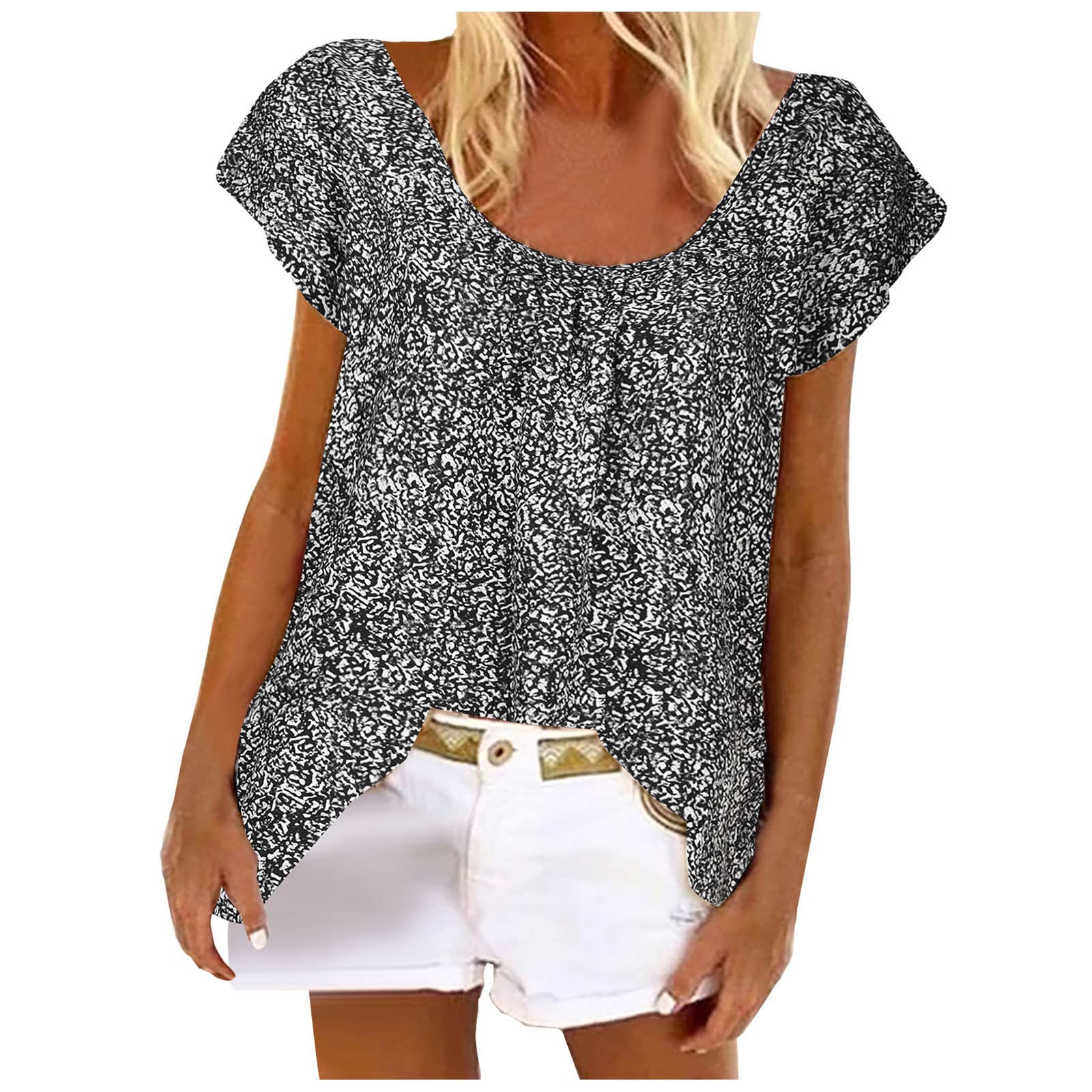 Women's Summer Cap Sleeve Floral Printed T-Shirt - Casual Loose Round Neck Tunic Blouse Top for Beach Vacation, Holiday Outfits & Everyday Wear