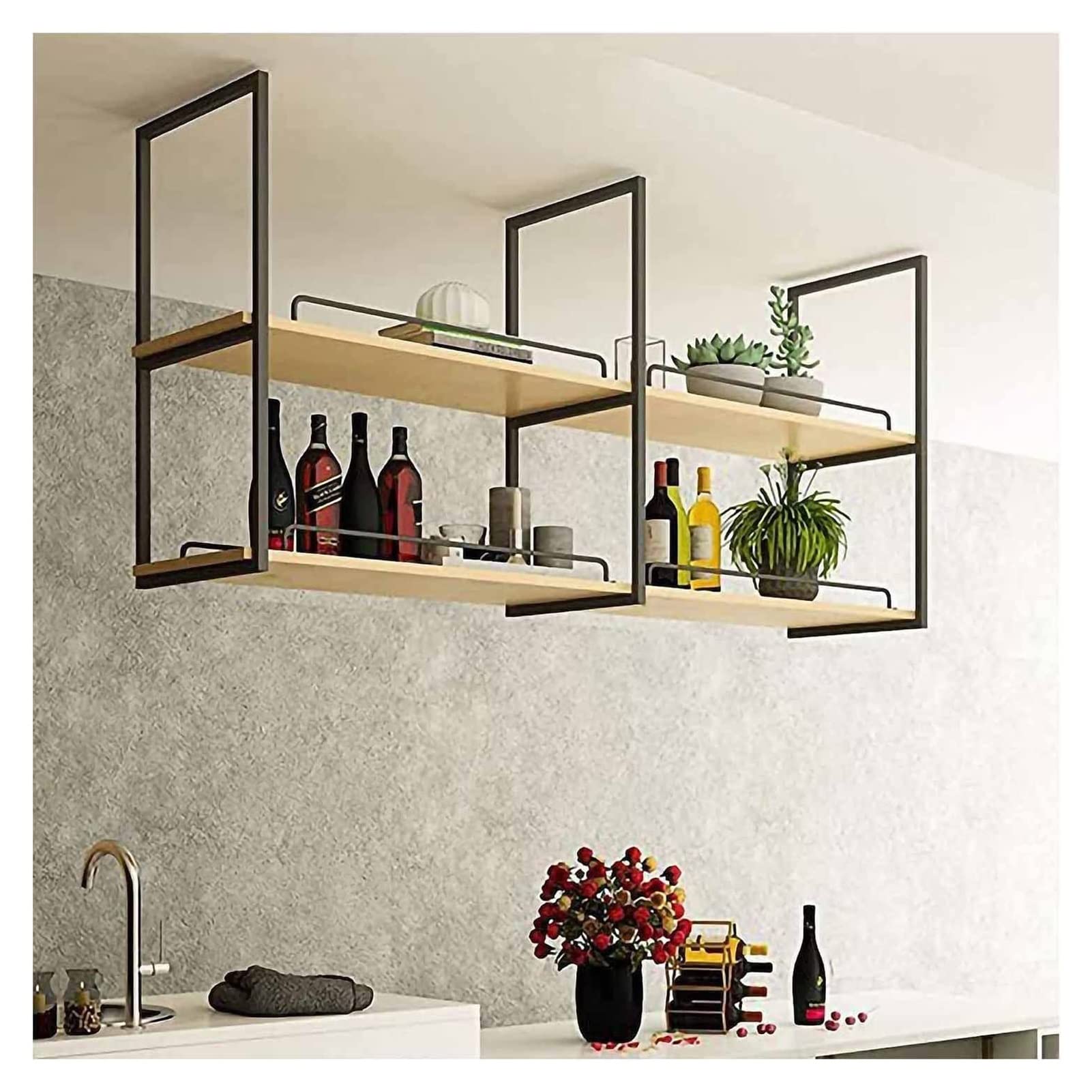 Nordic Style 2-Tier Ceiling Storage Shelf - Solid Wood & Iron Hanging Rack for Kitchen, Bar, Cafe - 80x30x80cm Black Display Shelf (2cm Thick Plates) - Perfect for Small Space Organization & Decorative Storage Solutions