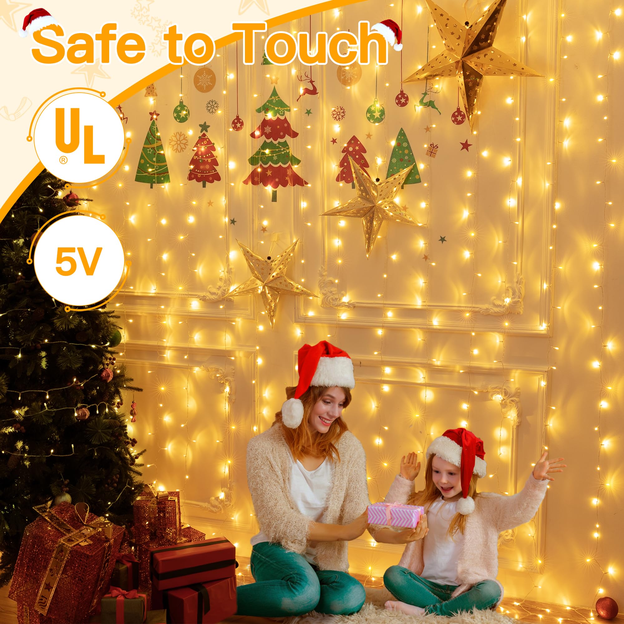 Ollny 200LED Curtain Lights 6.6x6.6ft - USB Powered Warm White Fairy String Lights with Remote, 8 Modes & Dimmable Timer - Waterproof Indoor/Outdoor Decorative Lighting for Bedroom, Wall, Window, Backdrop, Wedding, Party, Garden