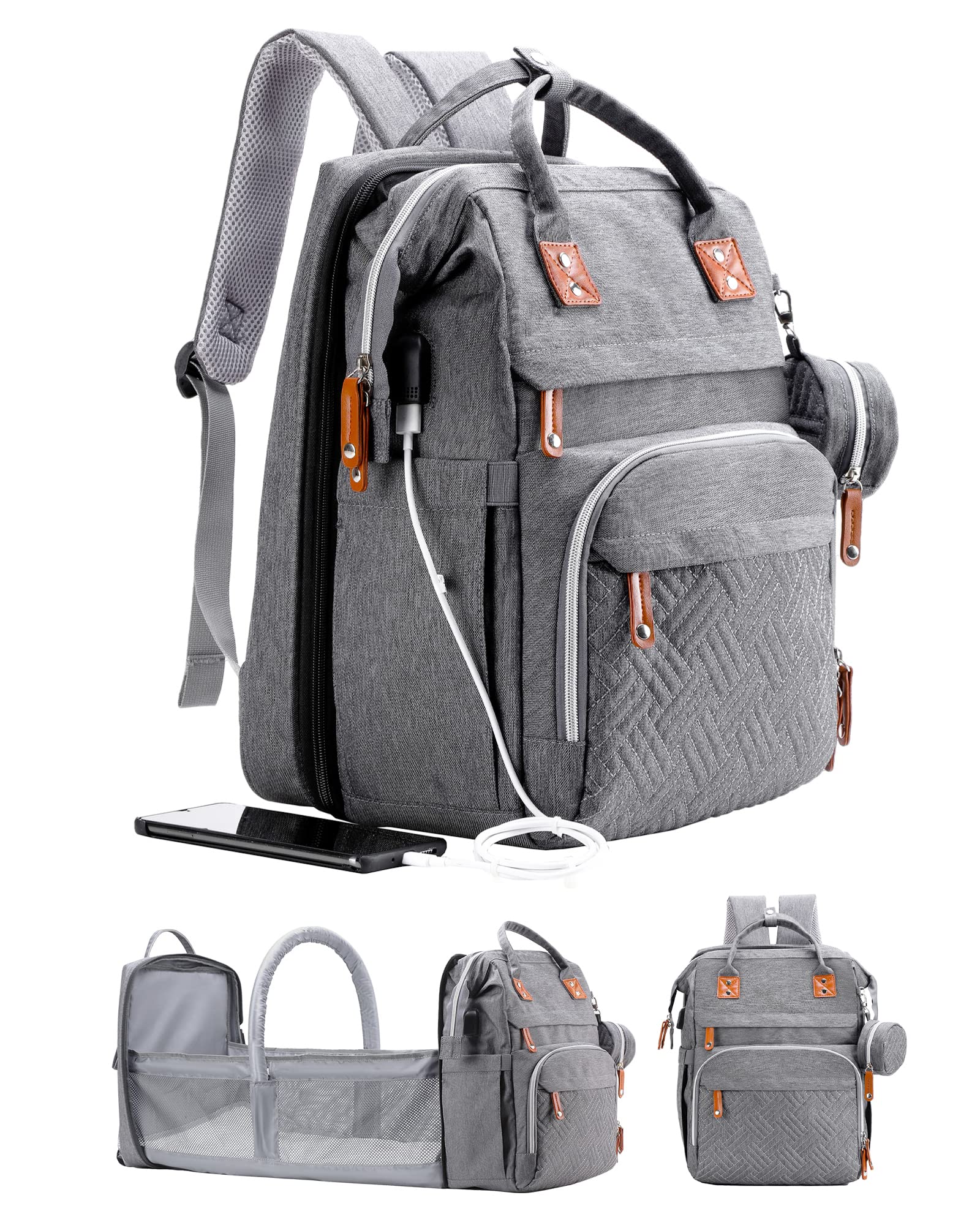 Gray Diaper Backpack with Changing Station - Baby Essentials for Travel & Outings