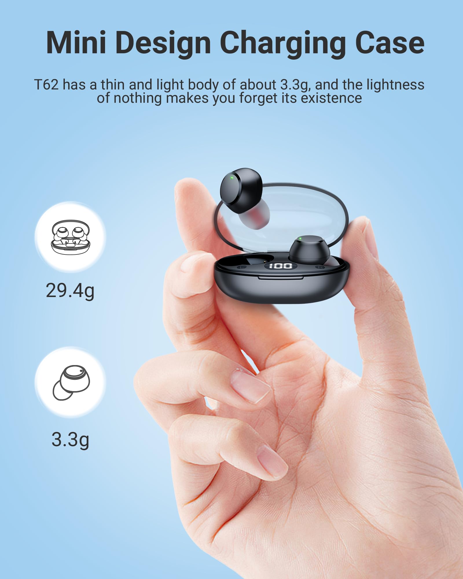 Wireless Bluetooth Earbuds with Mic, IPX7 Waterproof, 5.3 Mini Invisible Design, LED Display Charging Case - Stereo Sound Sports Earphones for Gym, Running, Workout | Perfect for Phone Calls & Outdoor Activities (Black)