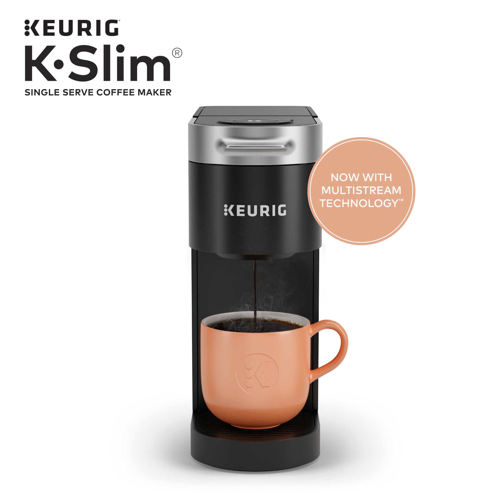 Keurig K-Slim Single Serve K-Cup Pod Coffee Maker - Compact Black Coffee Machine with Multistream Technology & 24-Pod Storage Drawer - Perfect for Home, Office, and Small Spaces