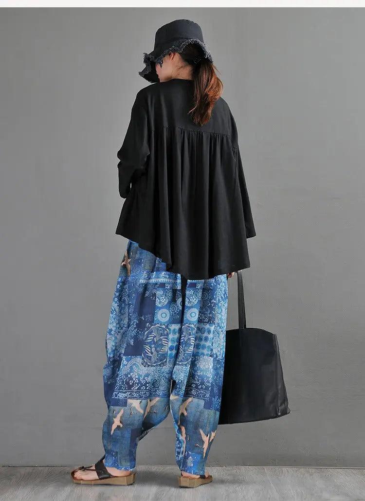 Women's Summer Blue Linen Harem Pants with Animal Print - Comfortable Boho Lounge Pants for Yoga, Beach & Casual Wear