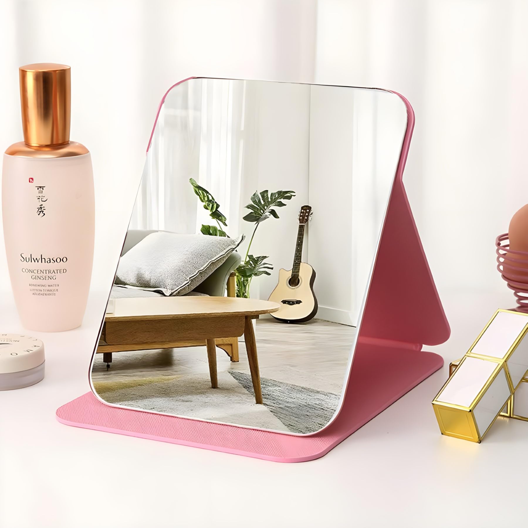 ONICORN® Foldable Makeup Mirror with Stand - Portable Travel Vanity Mirror with PU Leather Case, Frameless Round Edge Design (Pink) - Perfect for Home, Travel & Professional Makeup Application
