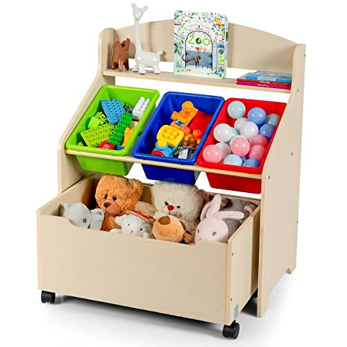 Kids Toy Storage Organizer with 3 Removable Plastic Bins - Wooden Rolling Toy Box for Bedroom, Study Room, Playroom & Nursery - Perfect for Infants, Toddlers & Young Children (Beige) | Ideal for Organizing Toys, Books & Baby Essentials in Home & Daycare