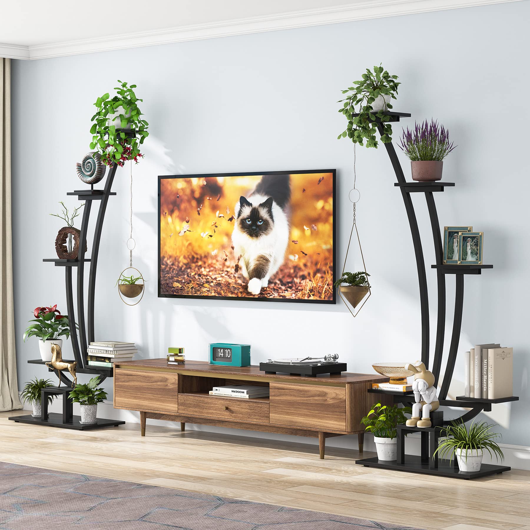Tribesigns 6-Tier Tall Indoor Plant Stand - Set of 2 Black Metal Curved Display Shelves with Hanging Hooks - Multi-Purpose Bonsai & Flower Pot Rack for Living Room, Garden, Balcony Decor - Perfect for Small Space Plant Organization & Home Decor Display