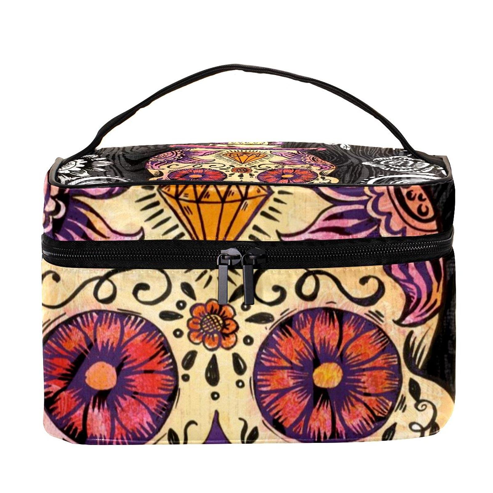 Stylish Sugar Skull & Daisy Print Large Travel Makeup Bag - Waterproof Cosmetic Organizer with Zipper for Women & Girls | Perfect for Vacation, Gym, Beach Trips & Daily Essentials Storage