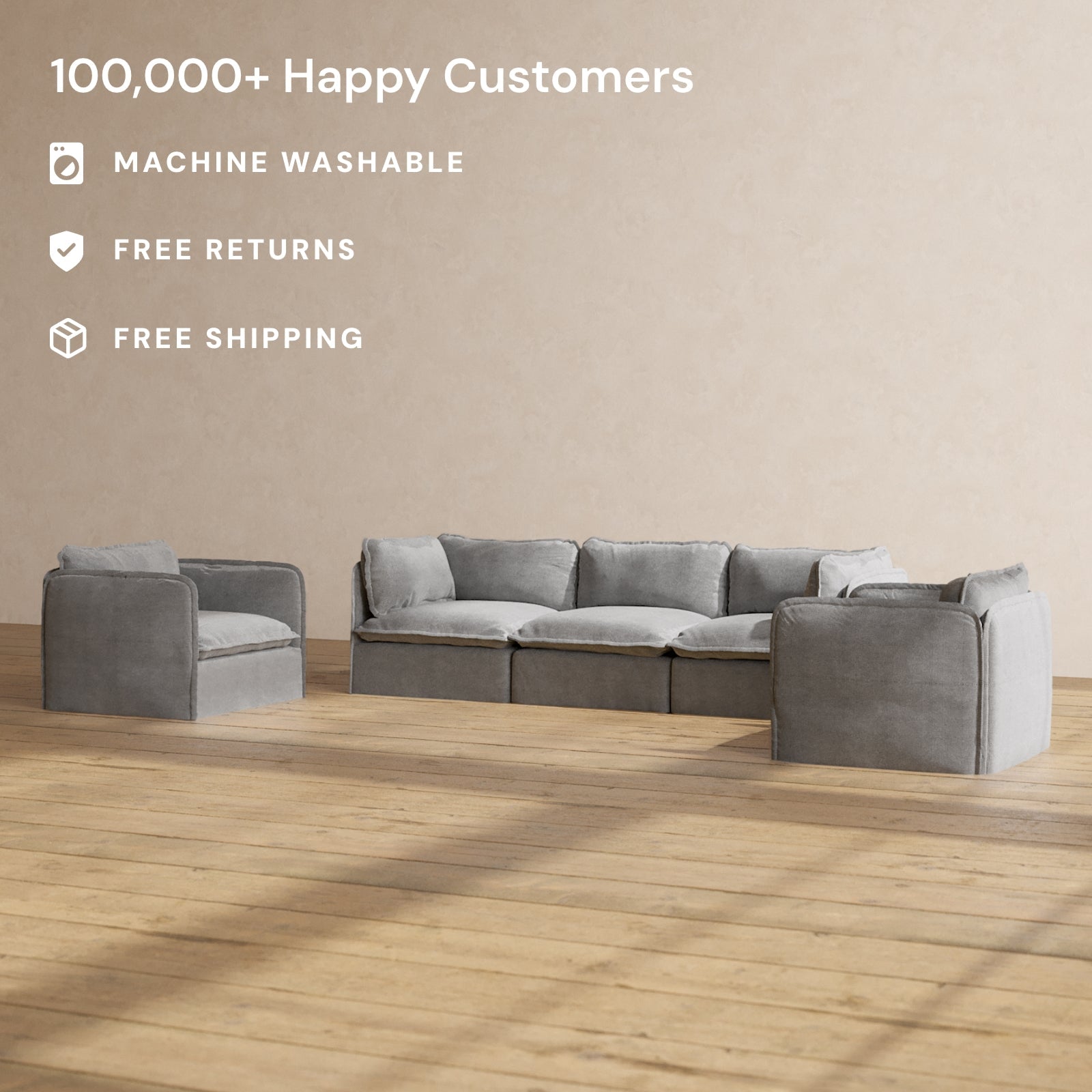 Premium Modular 3-Seater Sofa & Armchair Set in Ash Wood - Modern Living Room Furniture for Home Theater, Lounge & Family Gatherings
