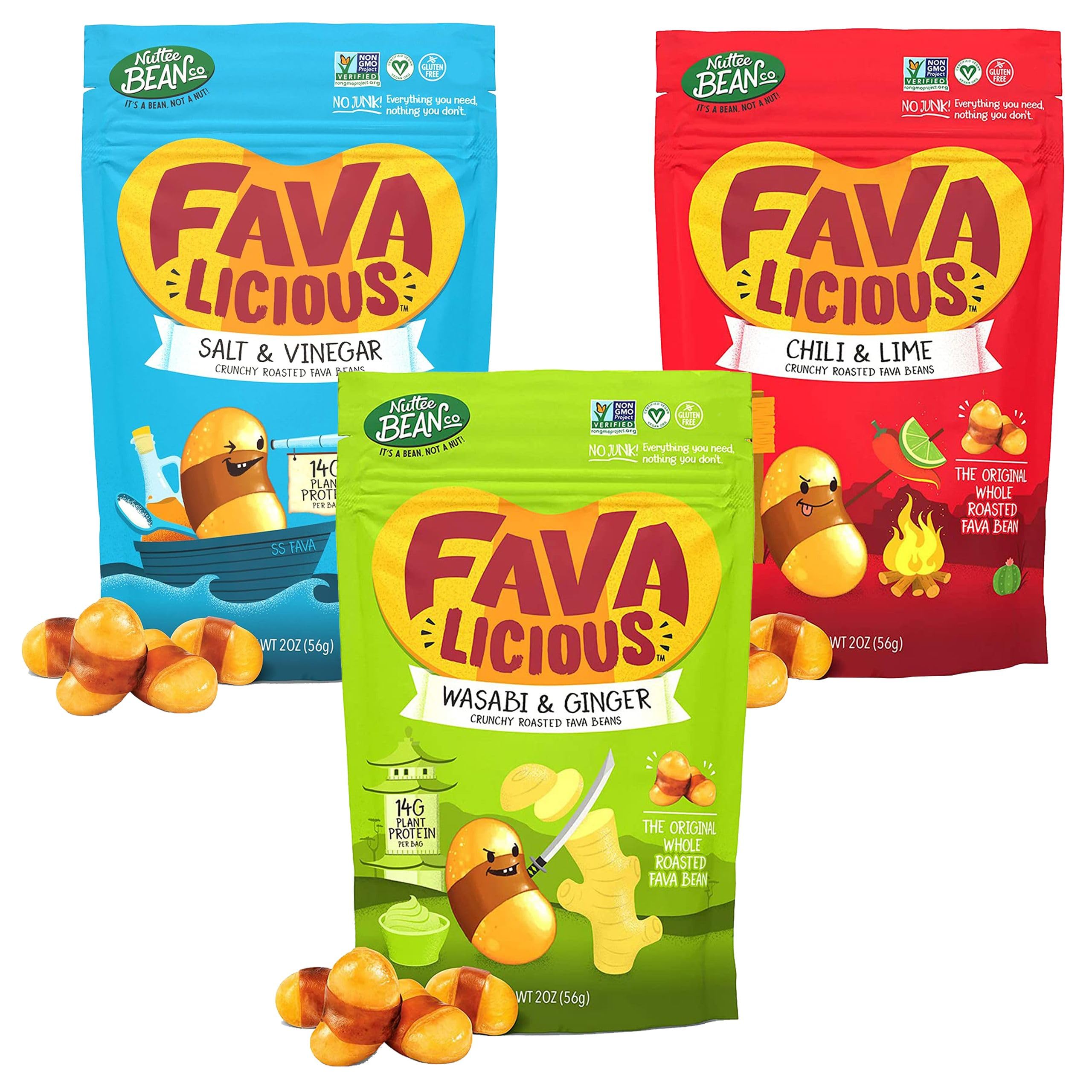 Nuttee Bean Favalicious Roasted Fava Bean Snacks - Vegan, Gluten-Free, Plant-Based Protein Snack - Healthy Crunchy Snacks for Adults & Kids - Variety Pack 2oz (12 Pack) - Perfect for Office, School, Travel & Movie Nights