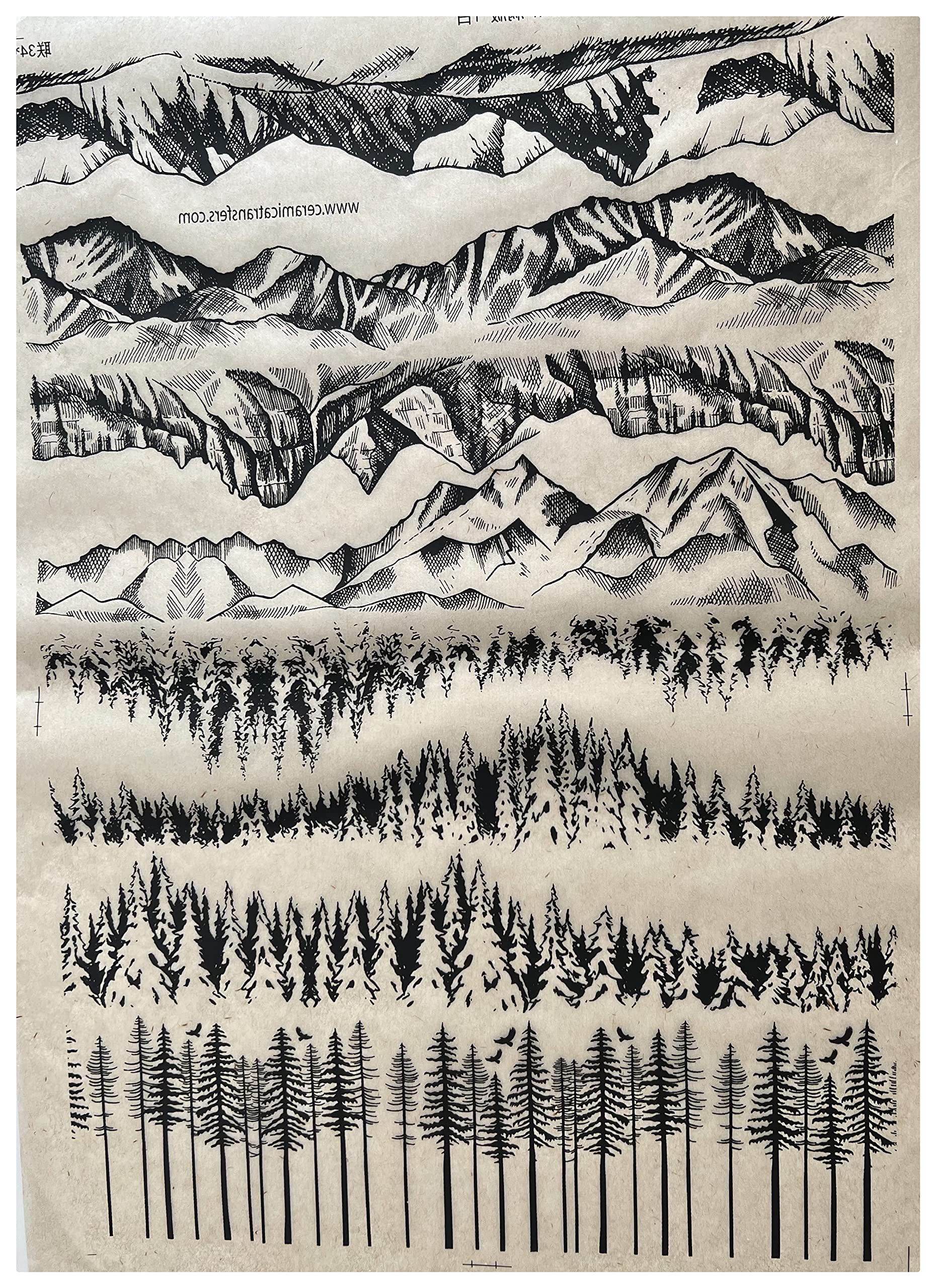 Ceramic Underglaze Transfer Decals - Trees & Mountains Design in Black for Pottery & Ceramic Art Projects - Perfect for DIY Crafts, Mugs, Plates, and Home Decor