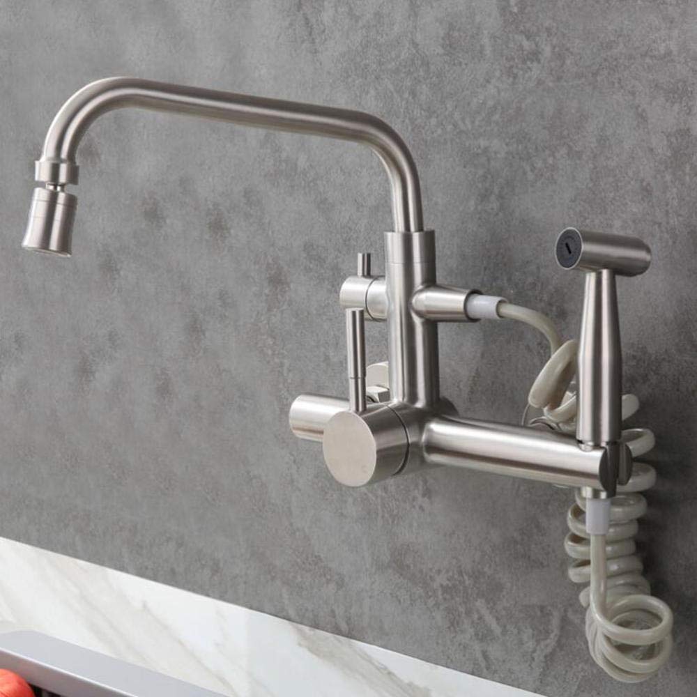 Stainless Steel Brushed Wall Mount Kitchen Sink Faucet with Pull Down Sprayer - 2 Mode Rotatable Hot and Cold Water Mixer Tap for Modern Home Kitchen Renovation & Dishwashing