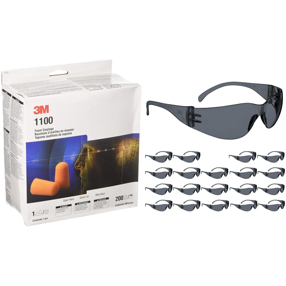 3M 1100 Foam Ear Plugs (200-Pair) & 3M Virtua Safety Glasses (20-Pack) - ANSI Z87.1 Certified Hearing & Eye Protection for Construction, Woodworking, Industrial Work - Noise Reduction & Impact Protection for DIY Projects, Factories, Workshops - Perfect for Home Improvement, Metalworking, and Loud Machinery Environments