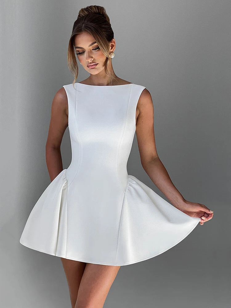 Sexy Backless High Waist A-Line Mini Dress for Women - Elegant Solid O-Neck Bodycon Club Party Dress | Perfect for Night Out, Date Night, Cocktail Party and Special Occasions