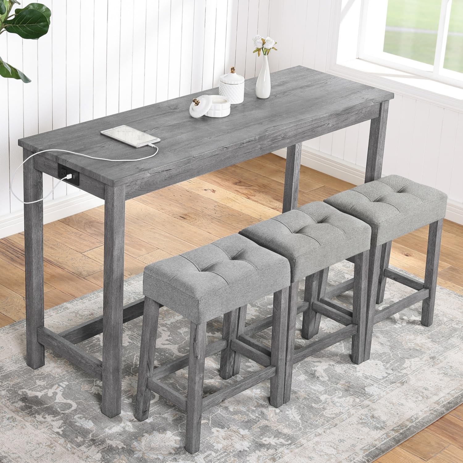 Solid Wood Counter Height Pub Table Set with 3 Upholstered Stools, MDF Top Rectangular Bar Table with Charging Ports, Perfect for Kitchen, Dining Room, Living Room, and Small Space Entertaining