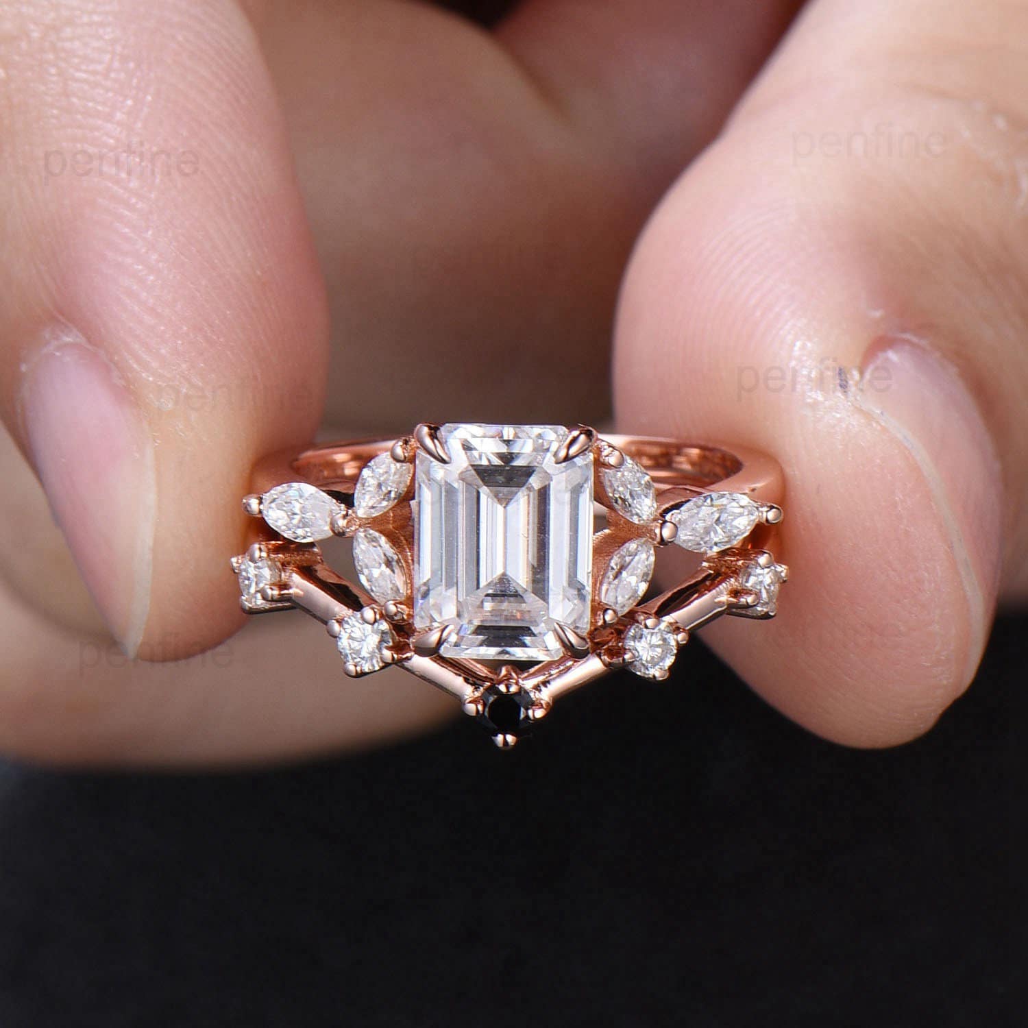 2 Carat Emerald Cut Moissanite Engagement Ring & Wedding Band Set - Vintage 7 Stone Marquise & 5 Stone Stackable Bridal Ring Set in Sterling Silver - Perfect for Proposals, Anniversaries, and Bridal Jewelry Gifts