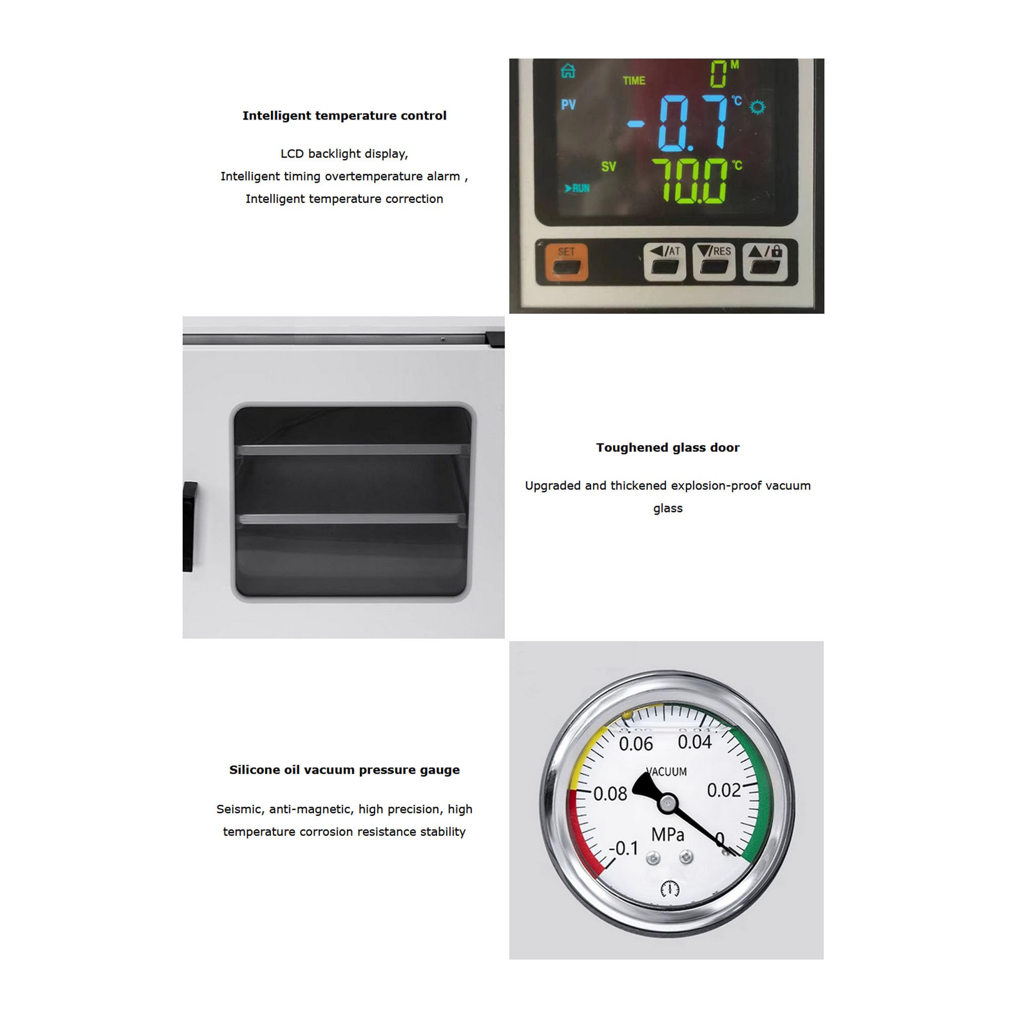 110V 0.9Cu ft Vacuum Drying Oven with 304 Stainless Steel Inner Liner, Sandblasted Finish, LCD & Silicone Oil Pressure Gauge - 600W for Lab, Jewelry Making, and Electronics Drying