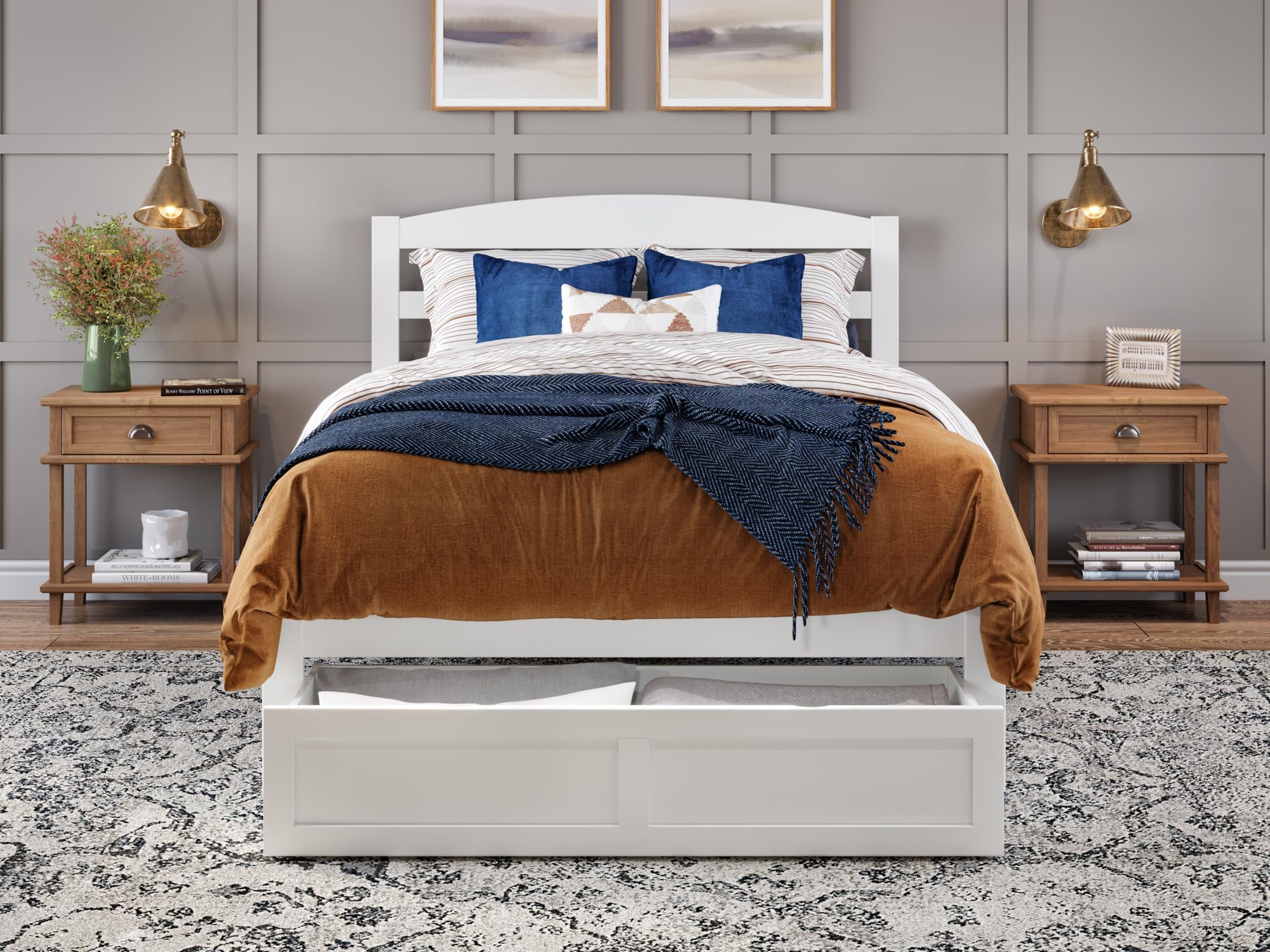 AFI Warren Queen Size Platform Bed with Storage Drawers & USB Charging Station - Modern White Wooden Bed Frame for Bedroom, Perfect for Small Spaces & Tech Lovers