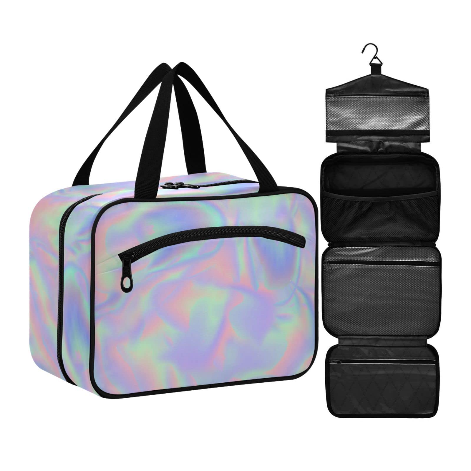 ZZKKO Large Travel Toiletry Bag for Women - Waterproof Hanging Cosmetic Organizer with Hook, Makeup Bag for Toiletries & Accessories, Unicorn Colors - Perfect for Vacation, Gym, and Business Trips