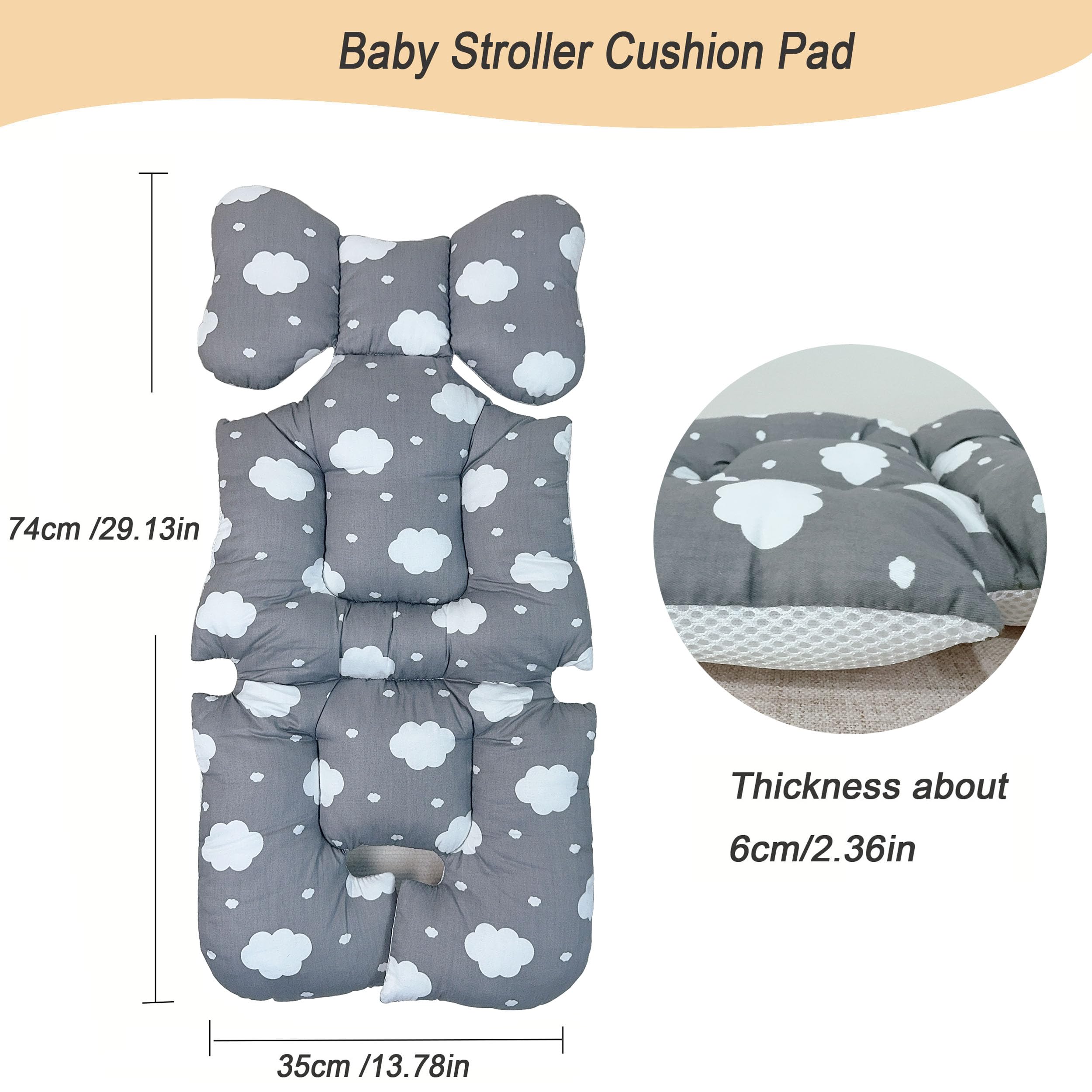 Soft & Breathable Universal Baby Stroller Seat Cushion - Cotton Mattress Pad & Car Seat Insert Liner for Boys & Girls - Fits Bassinet, Pram, Carriage - Includes Neck & Head Support - Grey Cloud - Perfect for Travel, Shopping & Daily Outings