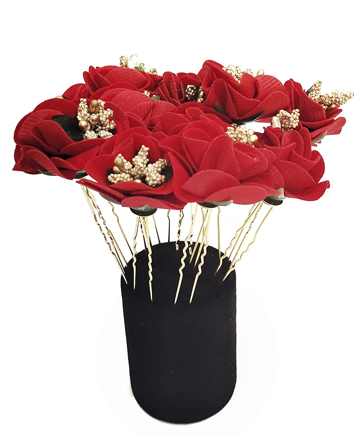 Rubela Sonpal Hair Flower Fancy Bun Metal Bobby U Shape Jura Pins for Women and Girls - 12 Pack Red Rose Hair Accessories for Wedding, Prom, Party & Special Occasions