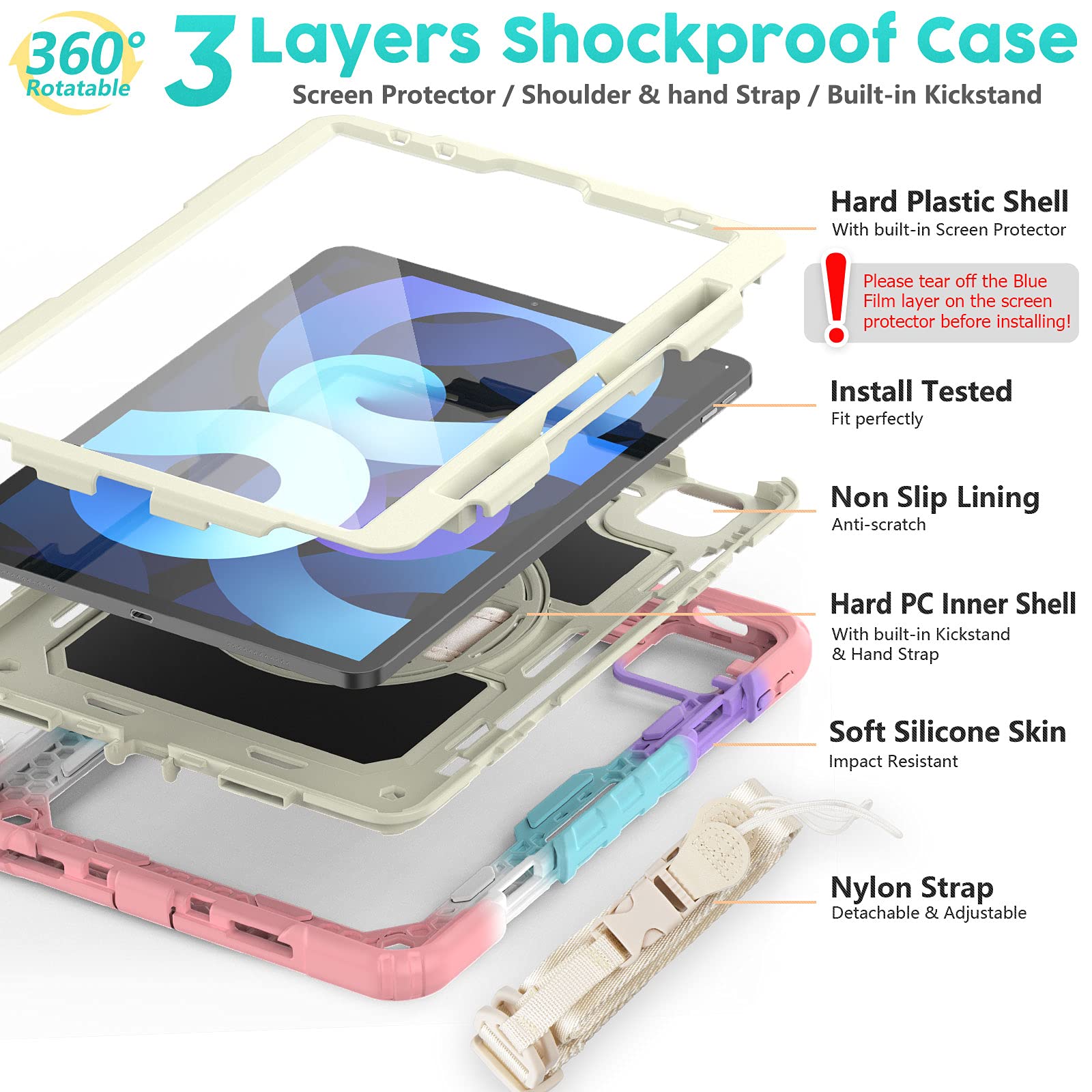 Timecity Protective Case for iPad Air 5th/4th Gen (2022/2020) 10.9 Inch - 360° Rotating Stand with Screen Protector, Pencil Holder & Adjustable Hand/Shoulder Strap - Pink Camo Design | Perfect for Work, Travel & School Use