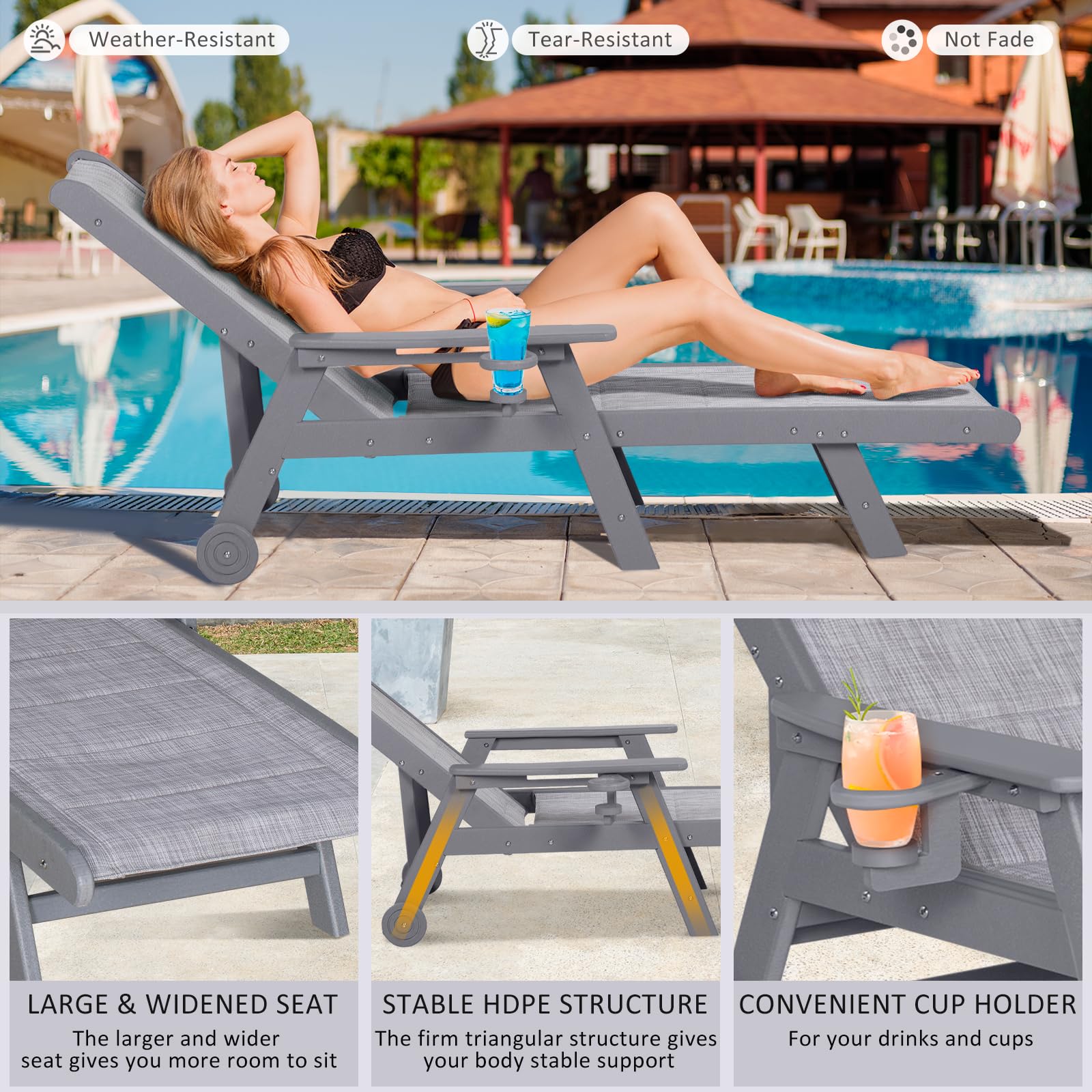 5-Position Adjustable Outdoor Chaise Lounge Chair with Textilene Surface, Wheels & Cup Holder - HDPE Poolside, Beach & Patio Recliner for Relaxing (Grey, 1 Pack) - Perfect for Backyard, Swimming Pool & Seaside Lounging
