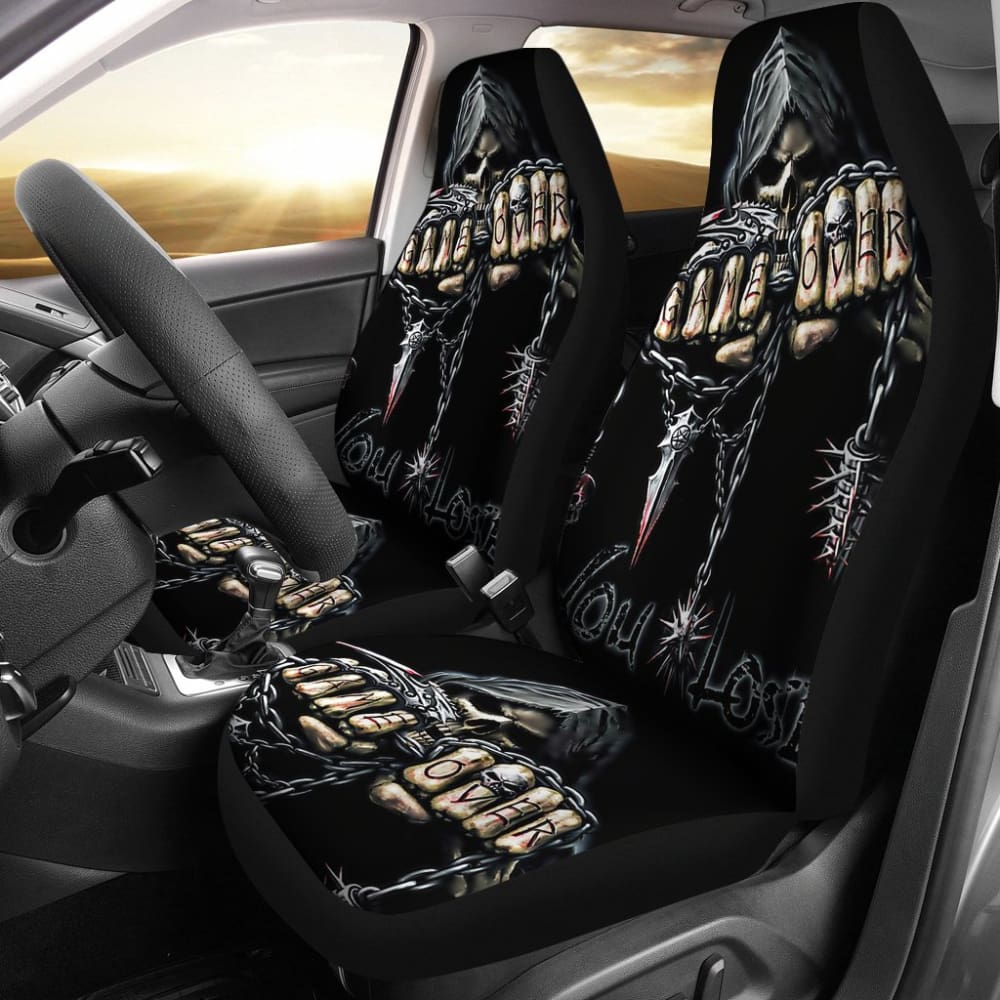 2 Pcs Gothic Game Over Skull Car Seat Covers - Universal Fit for Cars, Trucks & SUVs - Unique Skull Design for Gamers & Horror Fans - Perfect for Halloween, Cosplay & Car Shows