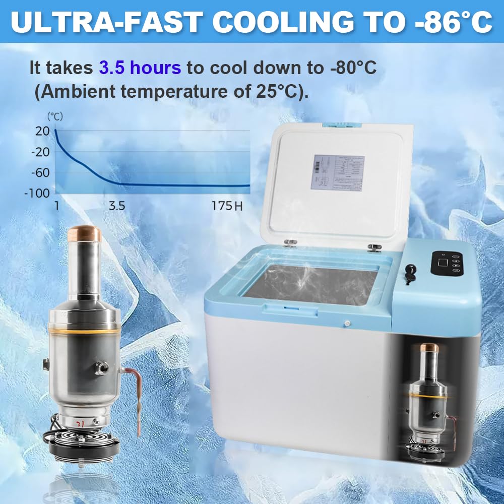 Portable Ultra-Low Temperature Freezer (-86°C to 18°C/-122.8°F to 64.4°F) for Lab Sample Storage | 12V-240V Compatible Cryogenic Freezer with 38LB Capacity | Ideal for Laboratory, Medical, and Research Sample Preservation
