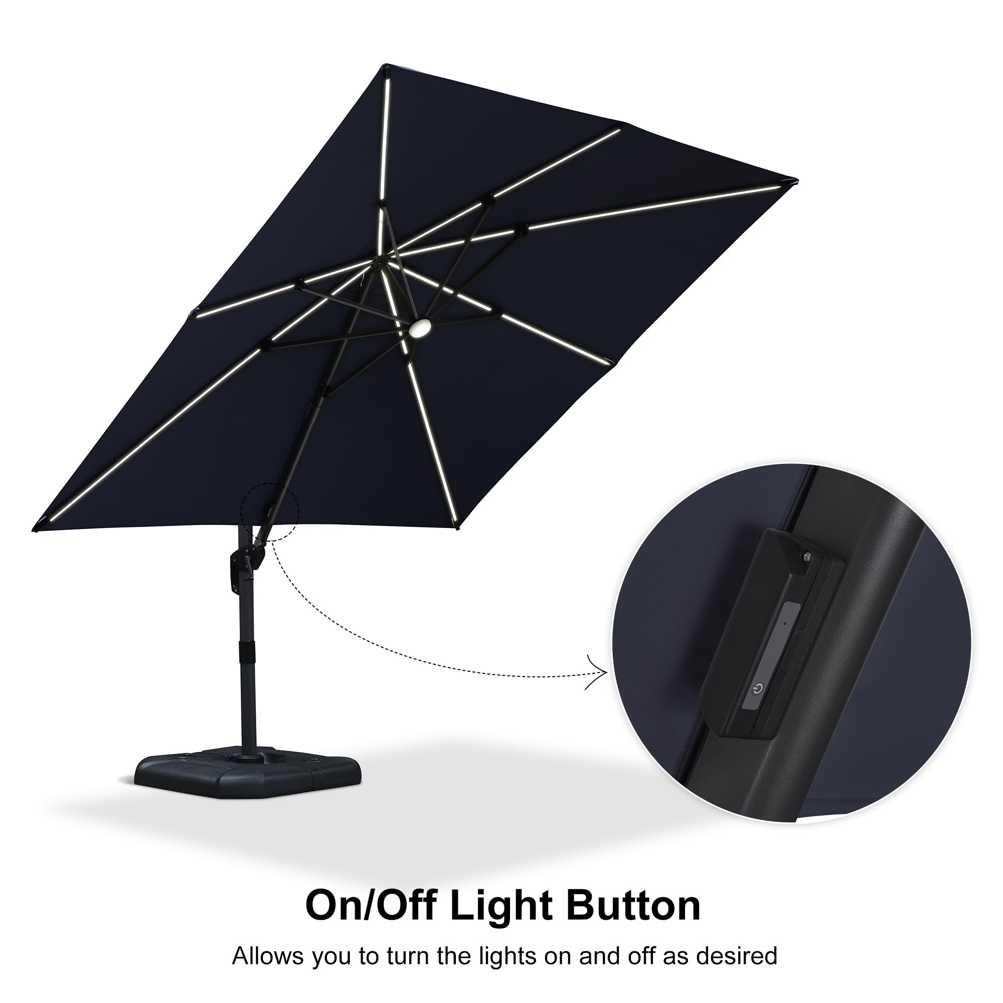 PURPLE LEAF 10ft Solar LED Patio Umbrella with 360° Rotation & Aluminum Base - Navy Blue Outdoor Offset Umbrella for Garden, Pool, Deck & Backyard Relaxation