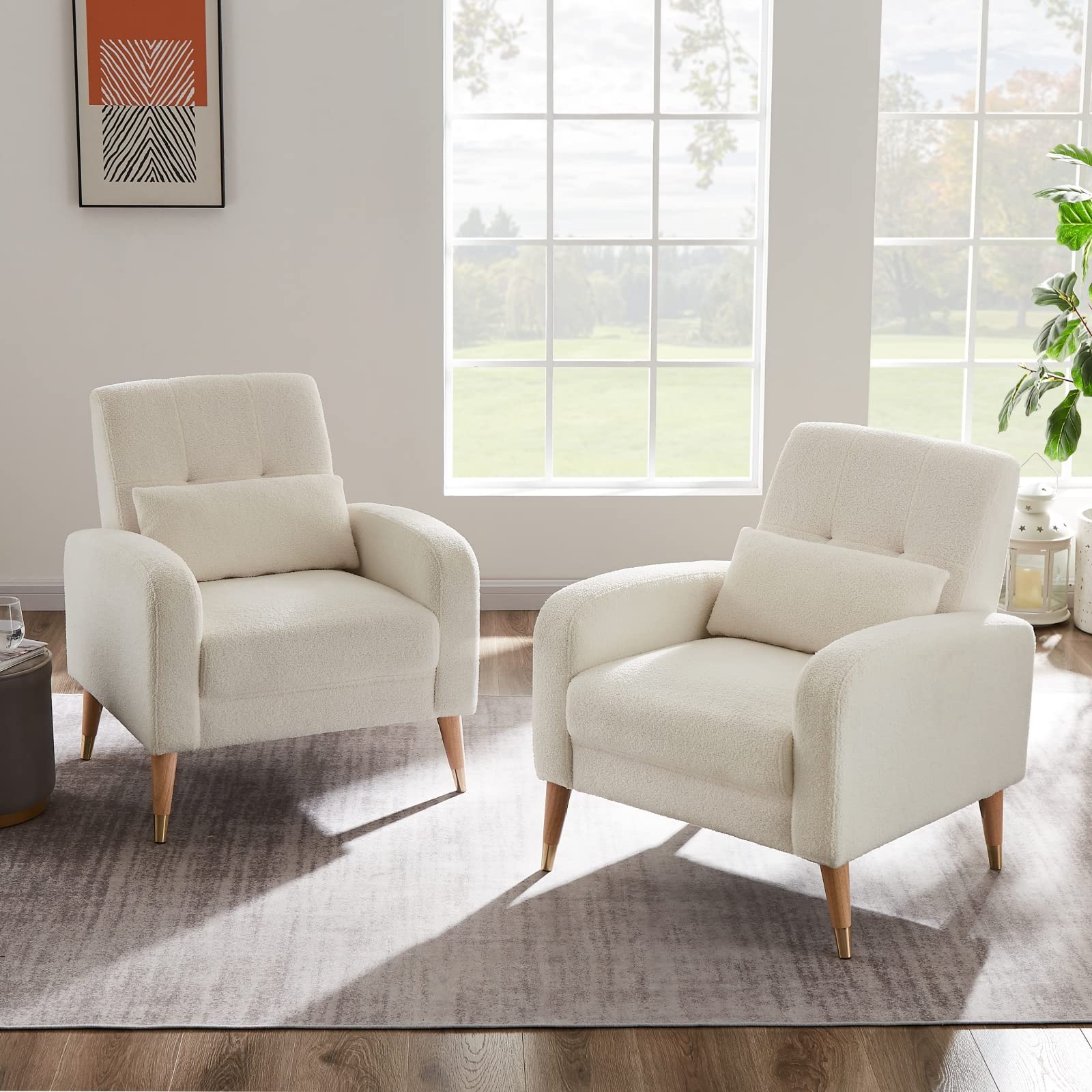 Funkeen Modern Accent Chairs Set of 2 - Small Upholstered Armchairs for Living Room, Bedroom, Dorm & Apartment - Comfortable Reading Chair with Lambdown Fabric - Perfect for Small Spaces, Home Office & Cozy Corners (White)