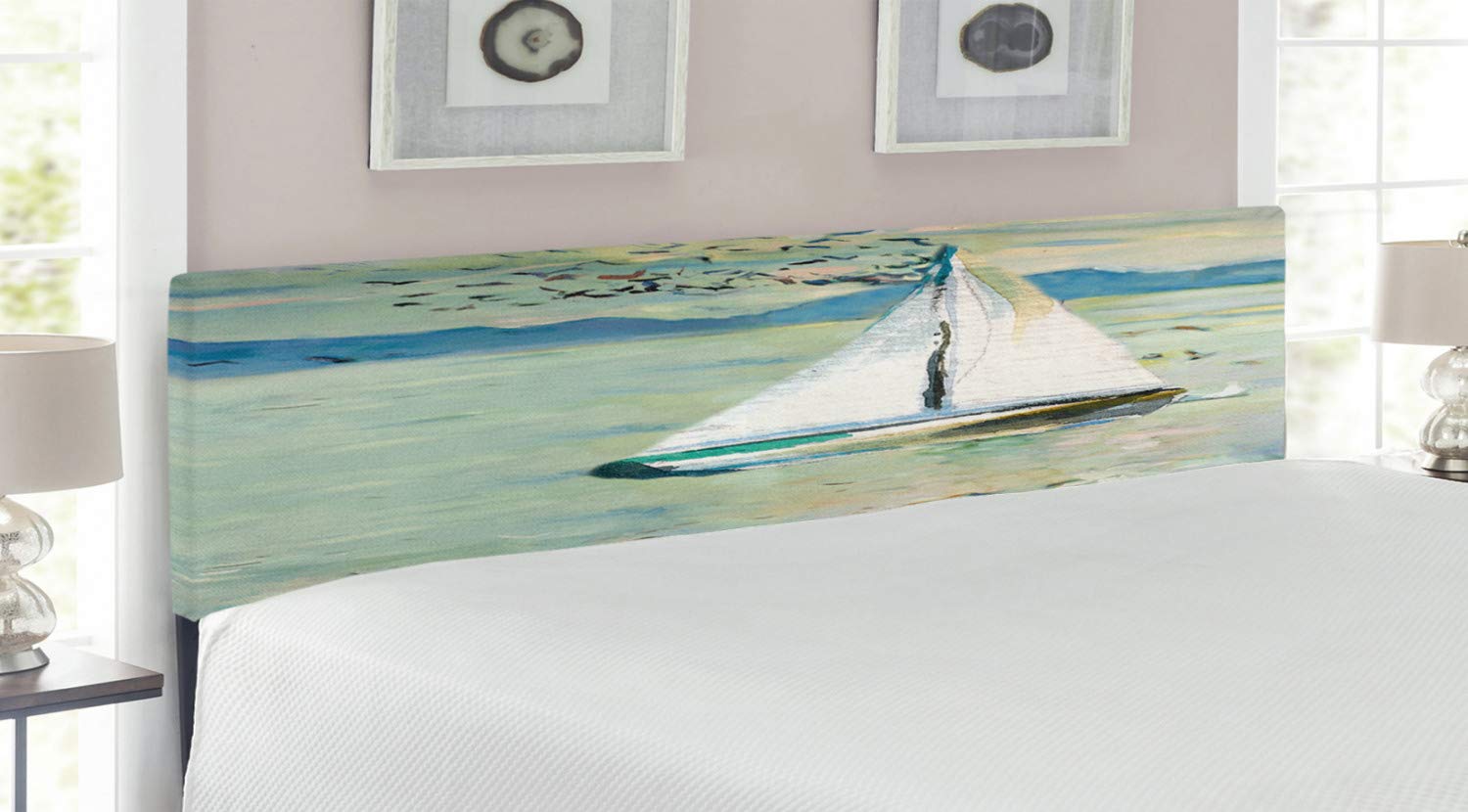 Ambesonne Monet Sailing Boat Watercolor Headboard - King Size Upholstered Metal Bed Frame with Memory Foam - Pale Blue Teal & White Decorative Art Headboard for Master Bedroom & Guest Room Decor