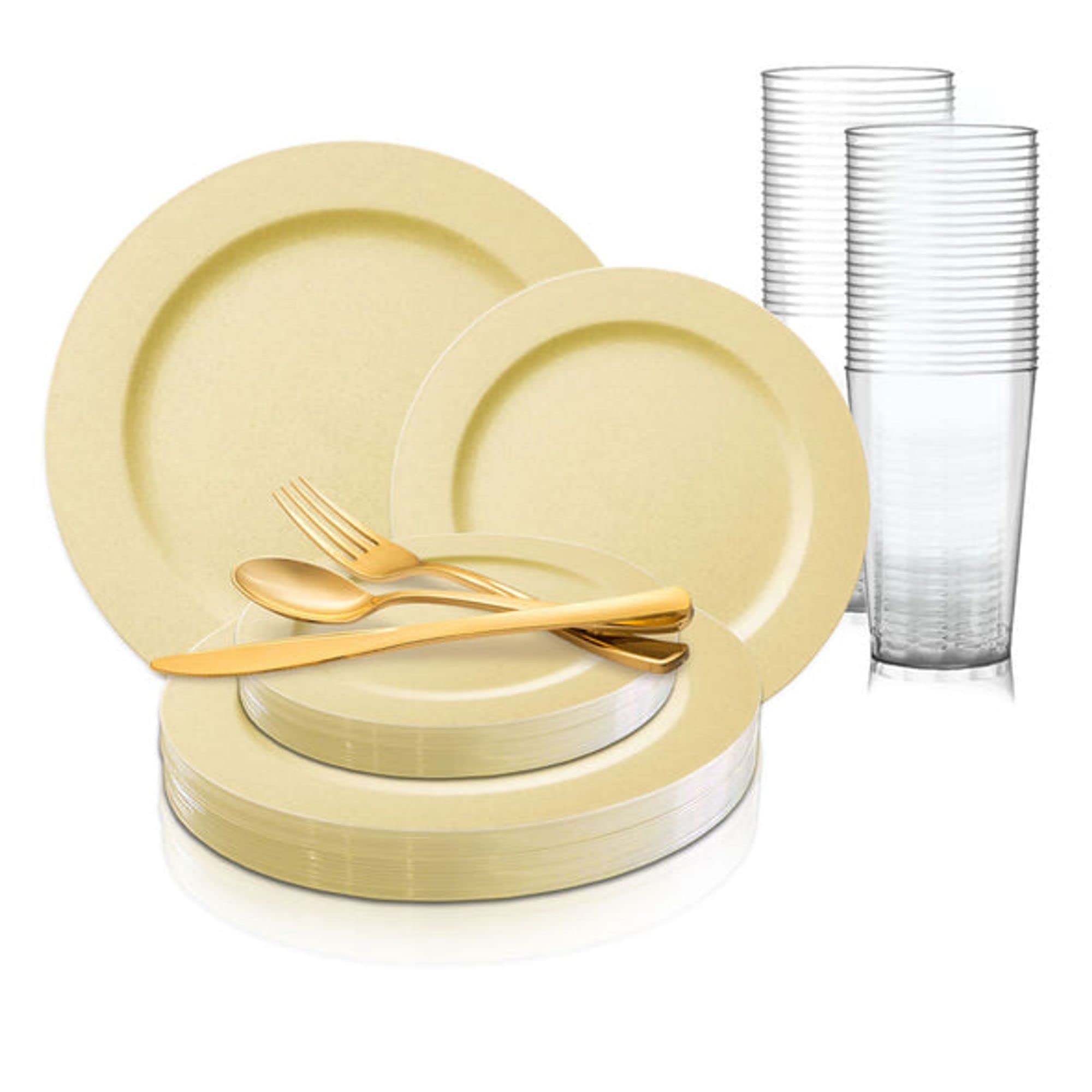 Elegant Disposable Plastic Party Dinnerware Set - Matte Dinner Plates, Salad Plates, Cutlery (Spoons, Forks, Knives) & Cups Bulk (120-Person Pack, Bright Yellow) - Perfect for Weddings, Birthdays, BBQs & All Special Occasions