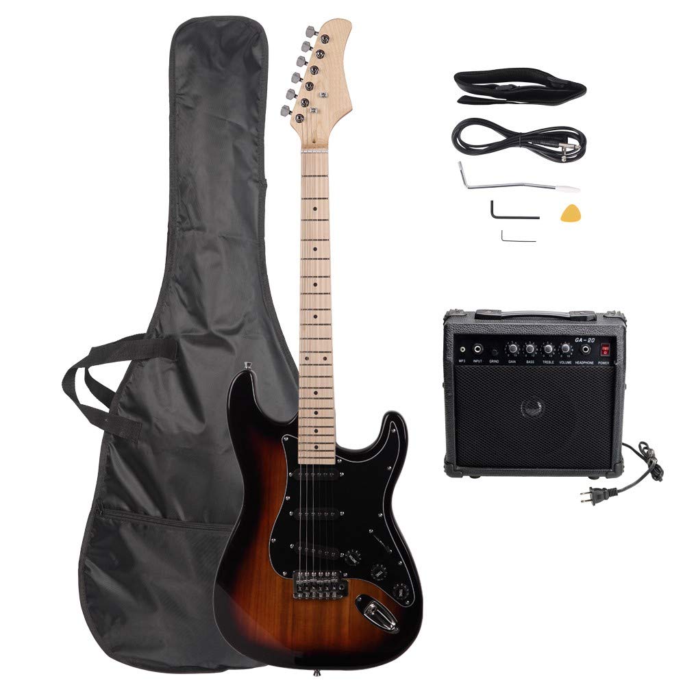 Waful 6-String Electric Guitar Beginner Kit with Amp & Accessories - Solid Body ST-Style Electric Guitar with Gig Bag, Strap, Picks, Tremolo Bar (Black/Gold) - Perfect for Beginners, Practice & Live Performances