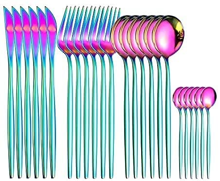 24-Piece Stainless Steel Rainbow Cutlery Set - Forks, Spoons, Knives for Kitchen & Dining - Durable Dinnerware for Home, Restaurant, Party & Daily Use (Rainbow Color, 6 Sets)