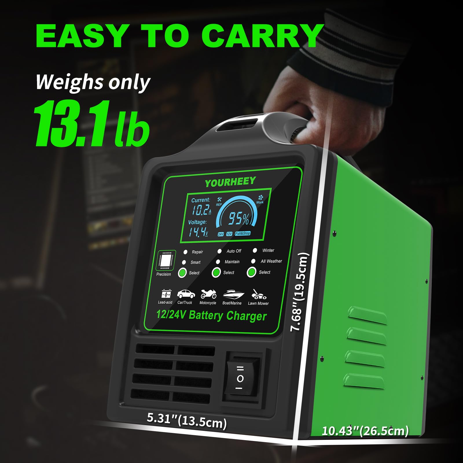 Upgraded 12V 24V 15A Heavy Duty Car Battery Charger with Auto Shutoff & Winter Mode - Smart Charger for Cars, Trucks, Boats, Motorcycles, RVs & Lawn Mowers | Ideal for Cold Weather Maintenance & Vehicle Storage