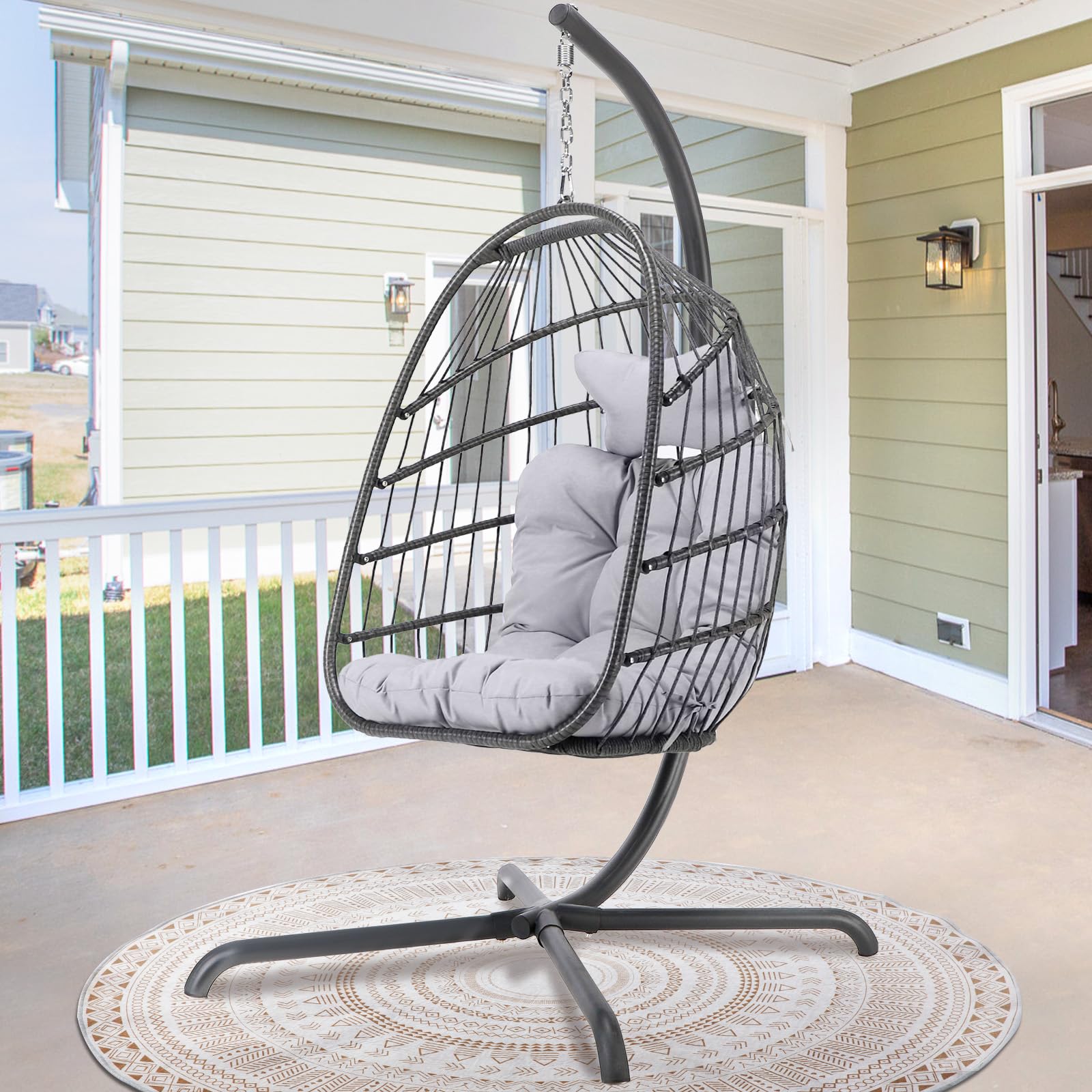 Premium Outdoor Hanging Egg Chair with Stand - Waterproof Cushions & PE Rattan Wicker - Foldable Swing Chair for Patio, Garden, Balcony - Indoor/Outdoor Use - 350lbs Capacity (Light Grey) - Perfect for Relaxing, Reading & Lounging in Your Backyard or Living Room