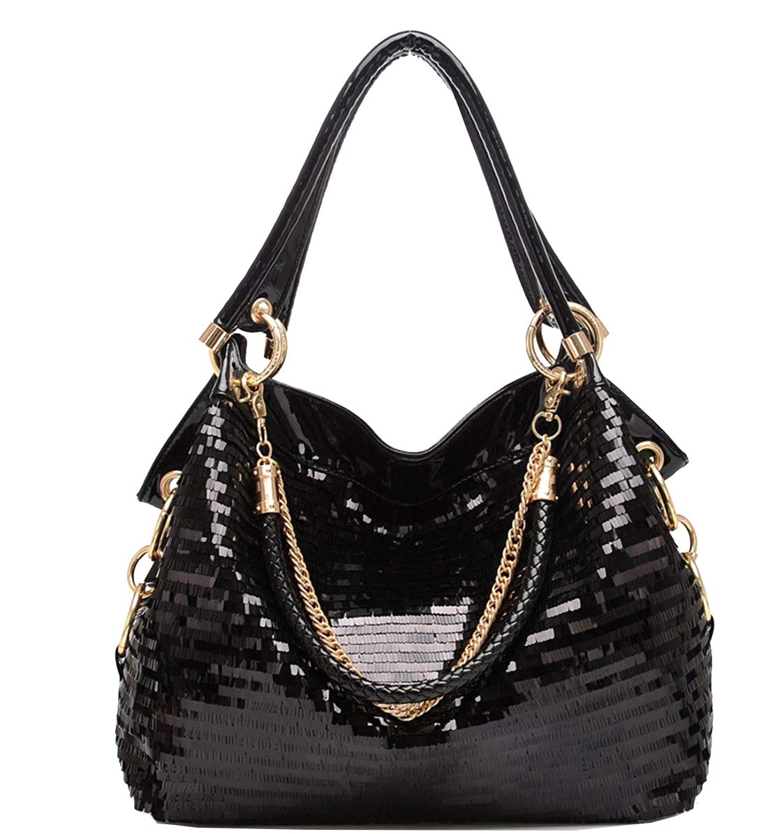 Women's Large Patent Leather Chain Shoulder Bag with Sequin Detailing - Elegant Evening Purse for Parties, Weddings & Special Occasions
